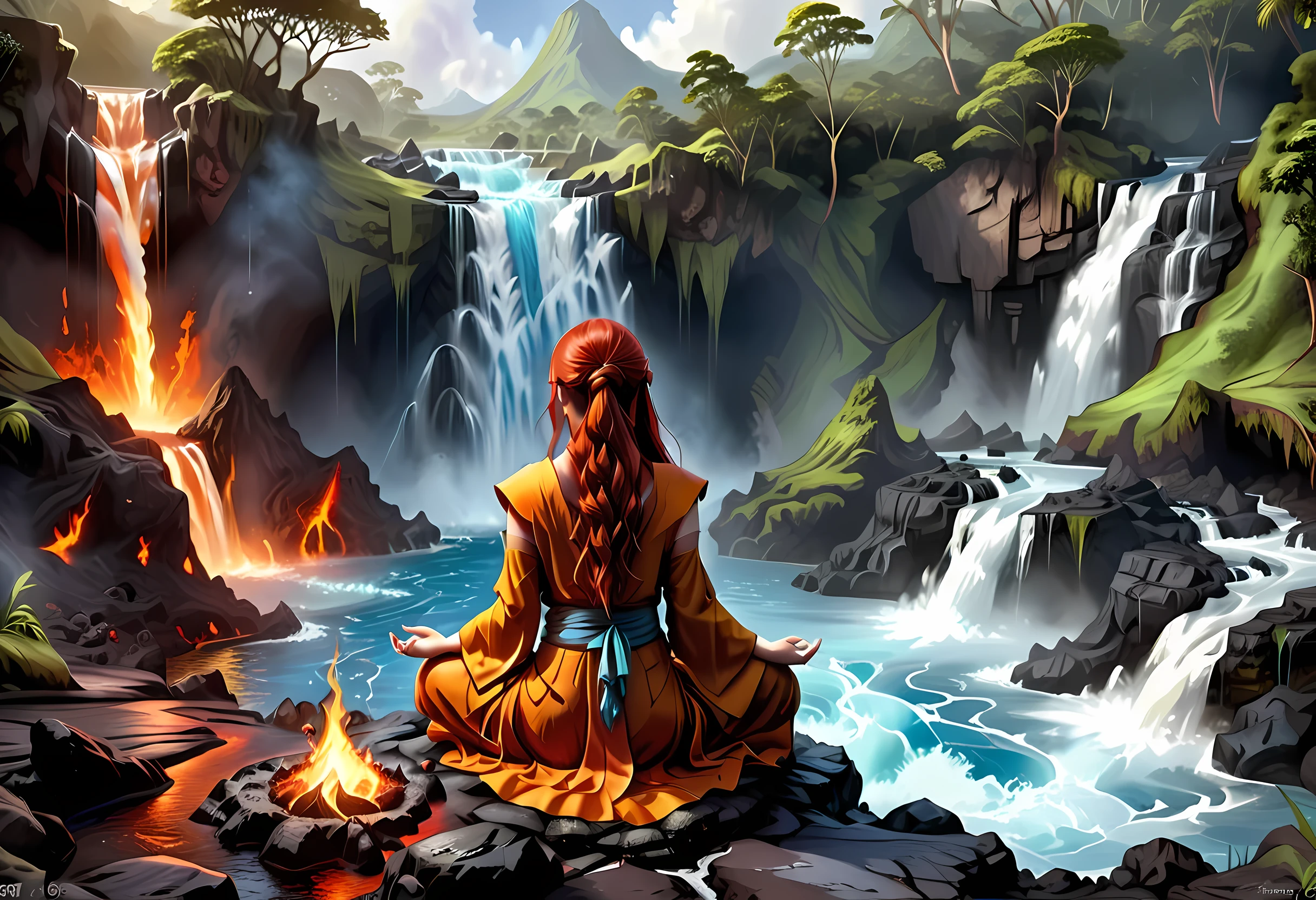 fantasy art, photorealistic, D&D art, a picture of a female monk sitting and meditating near a waterfall, at the base of the waterfall,  there is a human woman monk wearing monk garbs, meditating near a bonfire near an (epic sized waterfall: 1.3), red hair, long hair, full body (best details, Masterpiece, best quality :1.5), ultra detailed face (best details, Masterpiece, best quality :1.5), ultra feminine (best details, Masterpiece, best quality :1.5), exquisite beautiful (best details, Masterpiece, best quality :1.5) red hair, long hair, wavy hair, pale skin, blue eyes, intense eyes, water coming down from a volcanic cliff, multi level water falls, several pools created in different levels, forming new waterfalls, water cascading into a (large lava pool: 1.3) steam rising, clear water in many hues of blue and azure falling, ultra best realistic, best details, best quality, 16k, [ultra detailed], masterpiece, best quality, (extremely detailed), ultra wide shot, photorealism, depth of field, hyper realistic painting, faize 