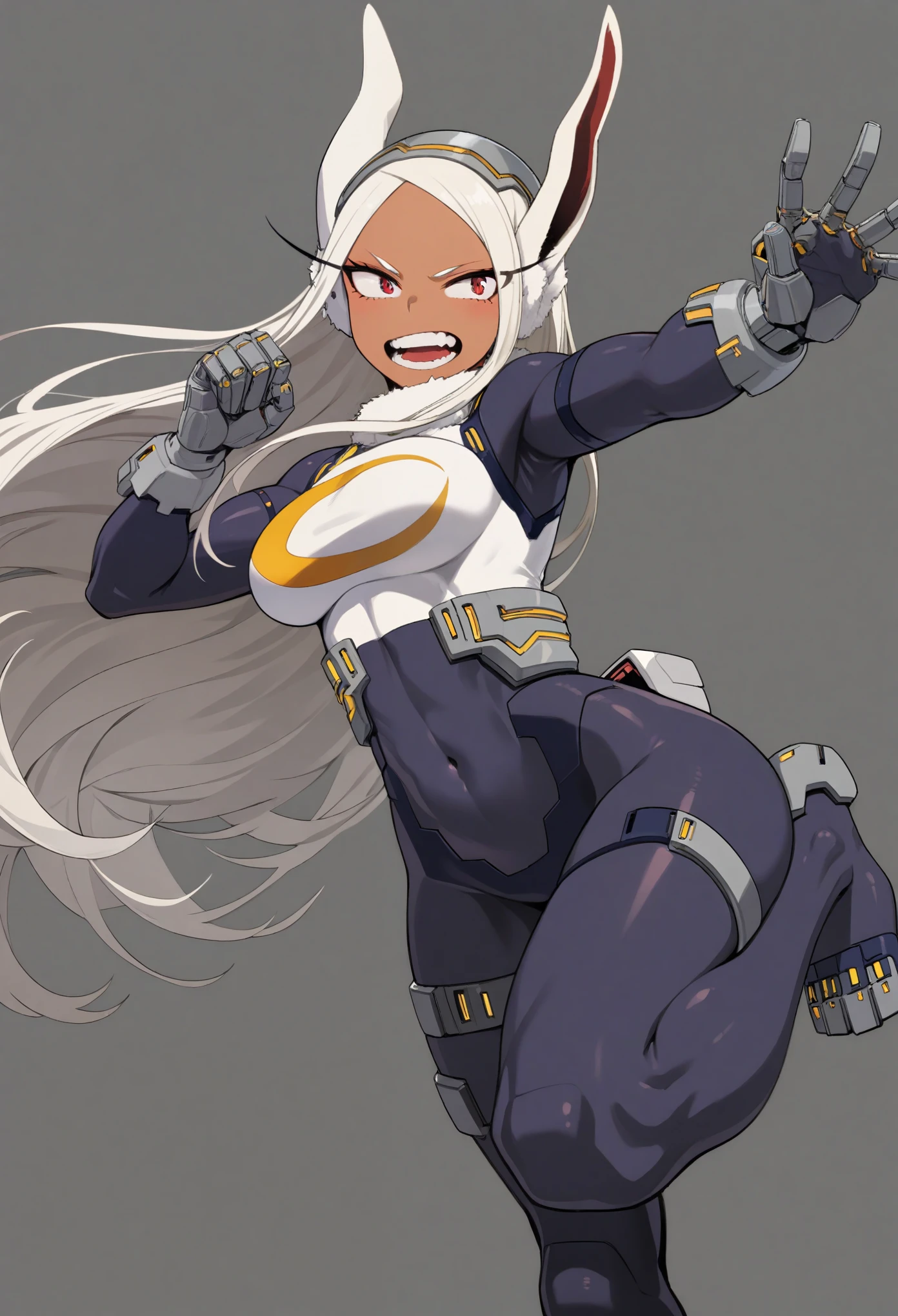 absurdres, (ultra high res), 1girl, solo, mirko, boku no hero academia, nice dynamic pose, leg up, embarrassed, :O, full body view, (dynamic pose: 1.2), ((red eyes): 1.3), detailed red eyes, long hair, ((mechanical bodysuit, cyber helmet)), dark skin, dark-skinned female, detailed hands, intricate details on hands, intricate details on fingers, medium breasts, open mouth, detailed teeth, (cinematic lighting), (simple gray background), fullbody view