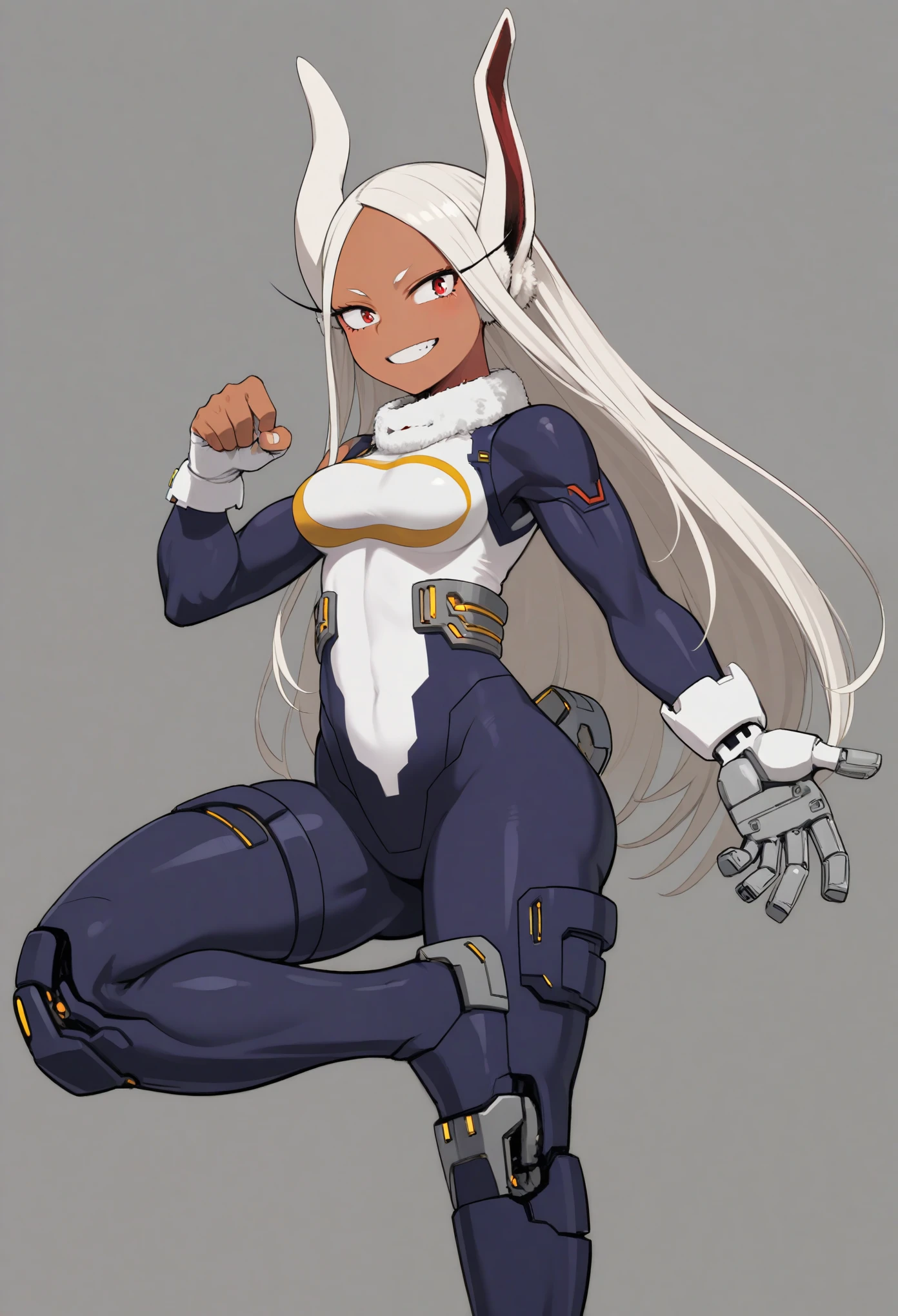 absurdres, (ultra high res), 1girl, solo, mirko, boku no hero academia, nice dynamic pose, leg up, embarrassed, smile, closed mouth, full body view, (dynamic pose: 1.2), ((red eyes): 1.3), detailed red eyes, long hair, ((mechanical bodysuit)), dark skin, dark-skinned female, detailed hands, intricate details on hands, intricate details on fingers, medium breasts, (cinematic lighting), (simple gray background), fullbody view