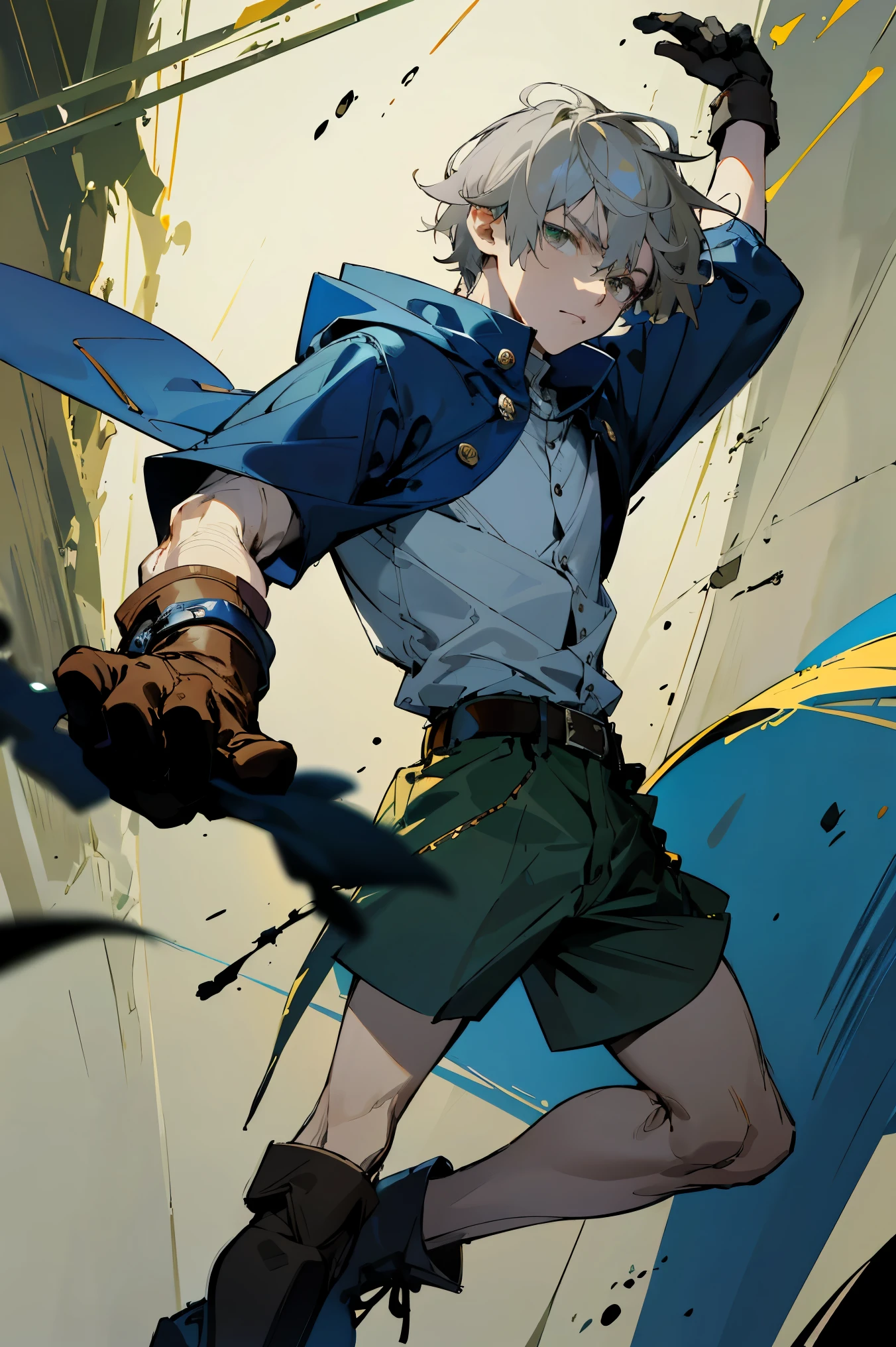 Design 1 22-year-old man with hood and tunic in dark blue..Light gray hair Gray eyes Wears a white button-down shirt Wears green shorts Wears a brown belt Wears short brown boots Wears blue gloves on his hands. Generar marioosas de luz en las manos. Pose masculina ((mejorar rostro))
