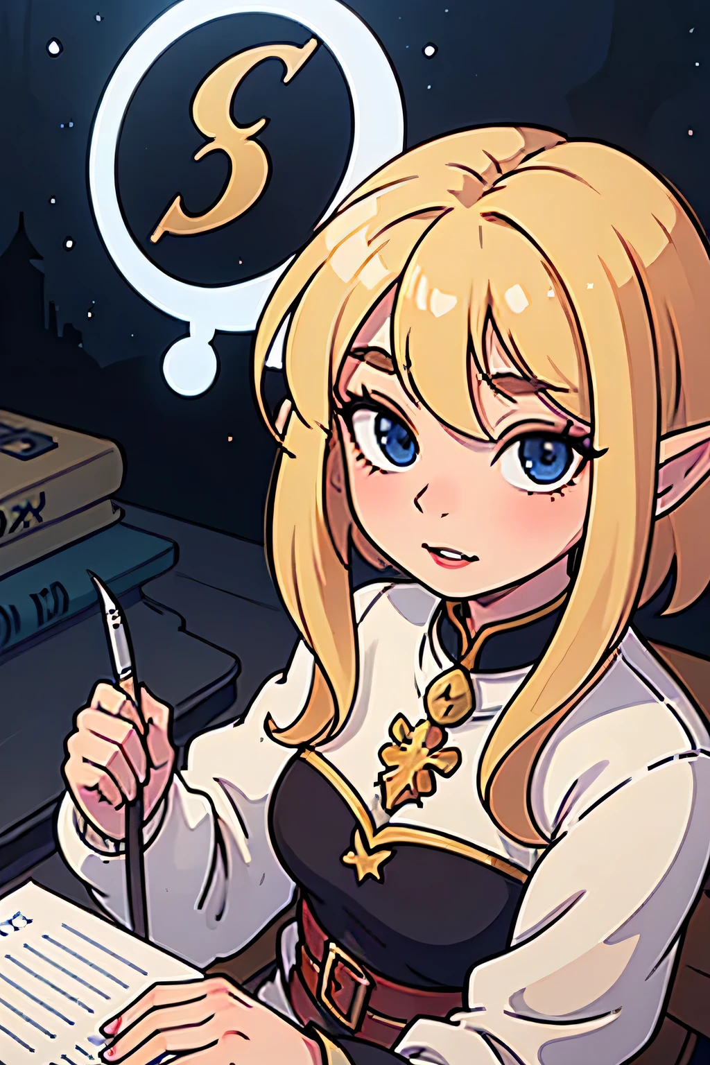 Female elf. Dark lipstick, Blue eyes, blonde hair. writting. Medieval