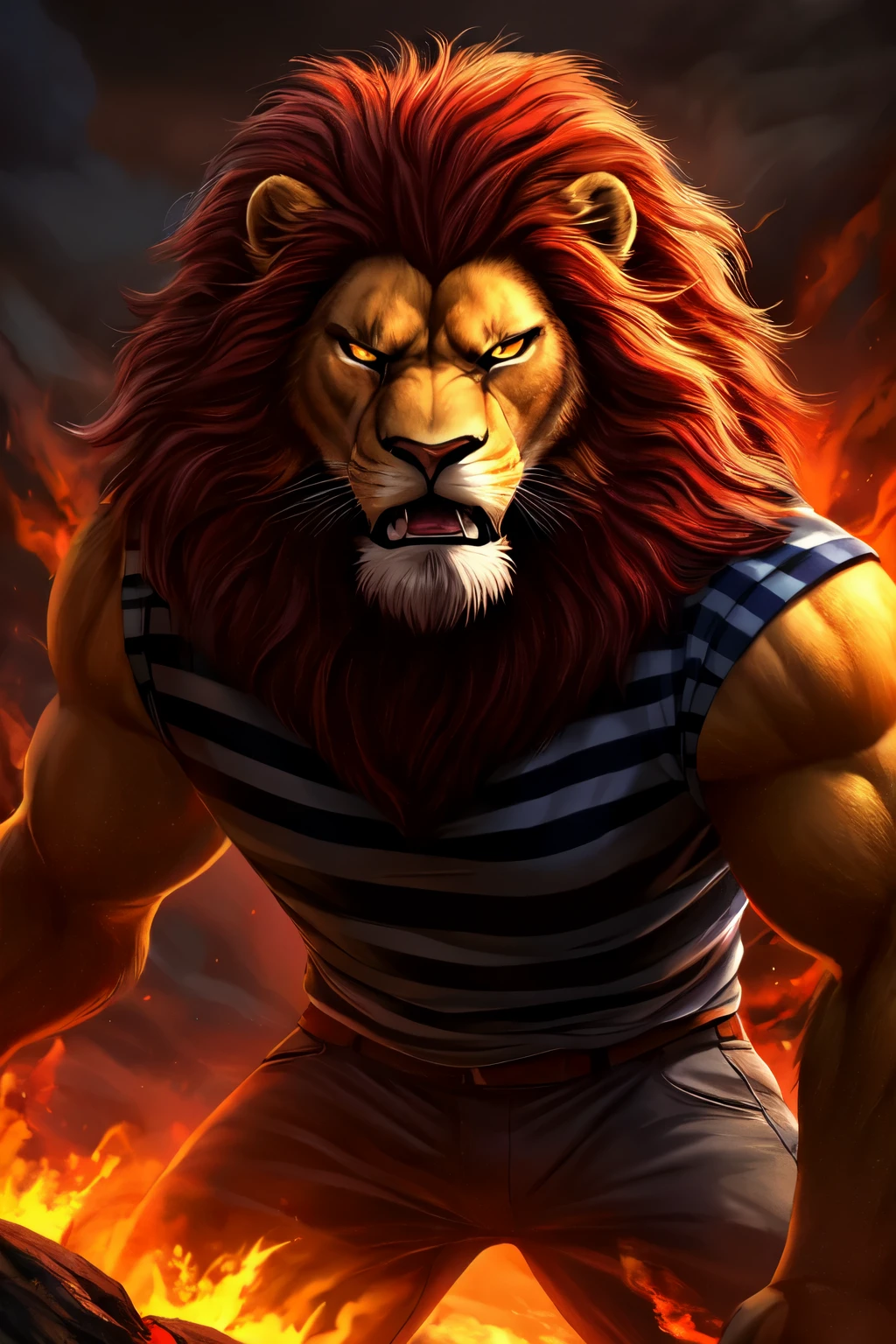 An anthropomorphic lion, with a furious expression, wears a red and black striped shirt. His claws are visible and he appears to be about to roar, emanating a sense of power and intensity. The combination of the lion's fury and the striped shirt adds an element of tension and drama to the scene.