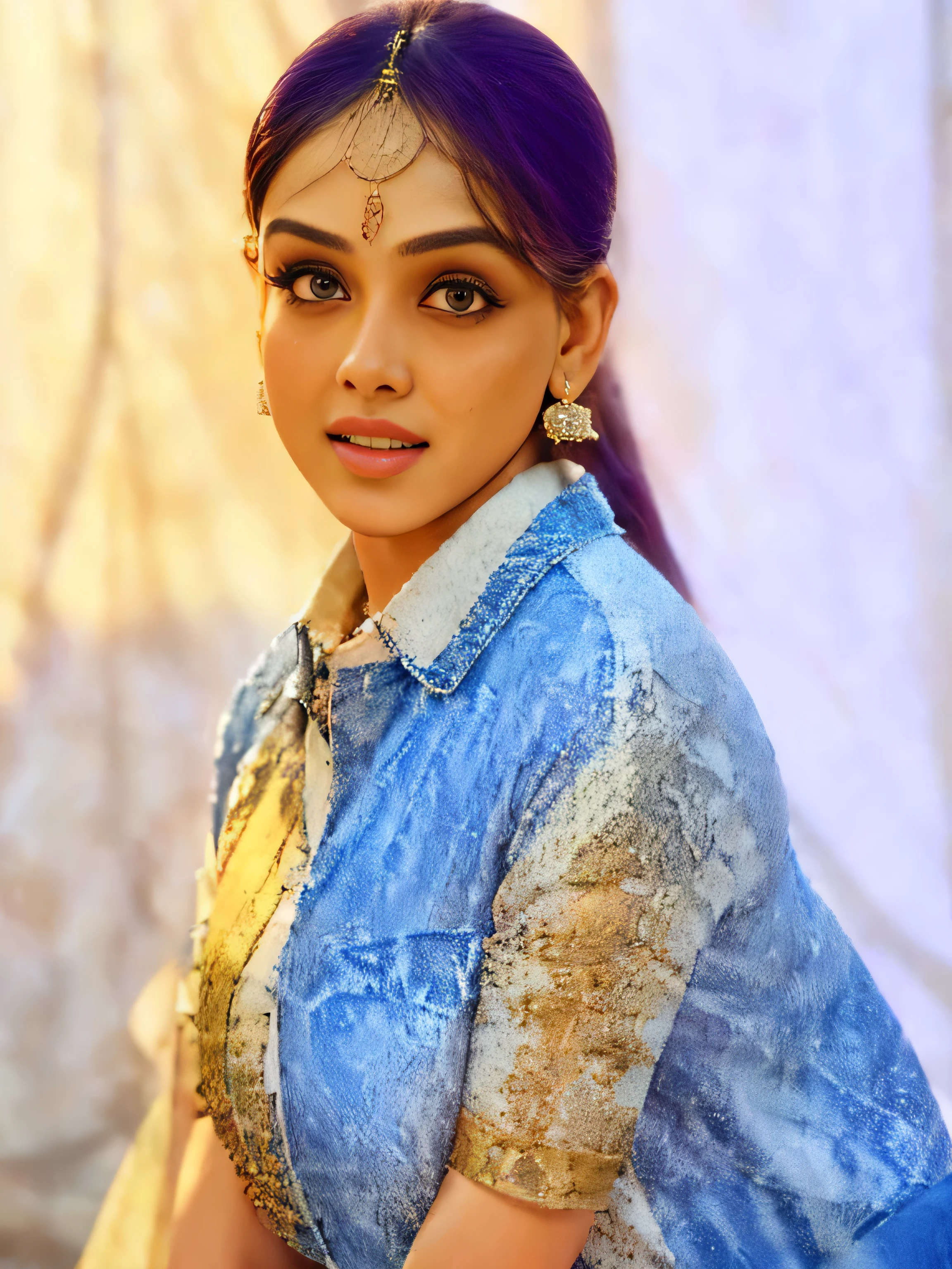 (best quality, ultra-detailed, realistic:1.37), professional, beautiful detailed eyes, beautiful detailed lips, detailed facial features, natural skin tones, perfect skin texture, delicate facial expressions, image in high resolution, realistic face, realistic skin, plain face, natural smile, highly detailed hair, 18yo, (Kiran, beautiful Indian young woman), embraces modern fusion fashion in a stylish combination of a Kurti with Jeans and trendy accessories. The high-resolution image captures ultra-detailed realism, highlighting Kiran's captivating eyes, expressive lips, and graceful facial features. The contemporary urban setting adds a modern touch, creating a visually captivating representation of Indian style and cultural fusion.