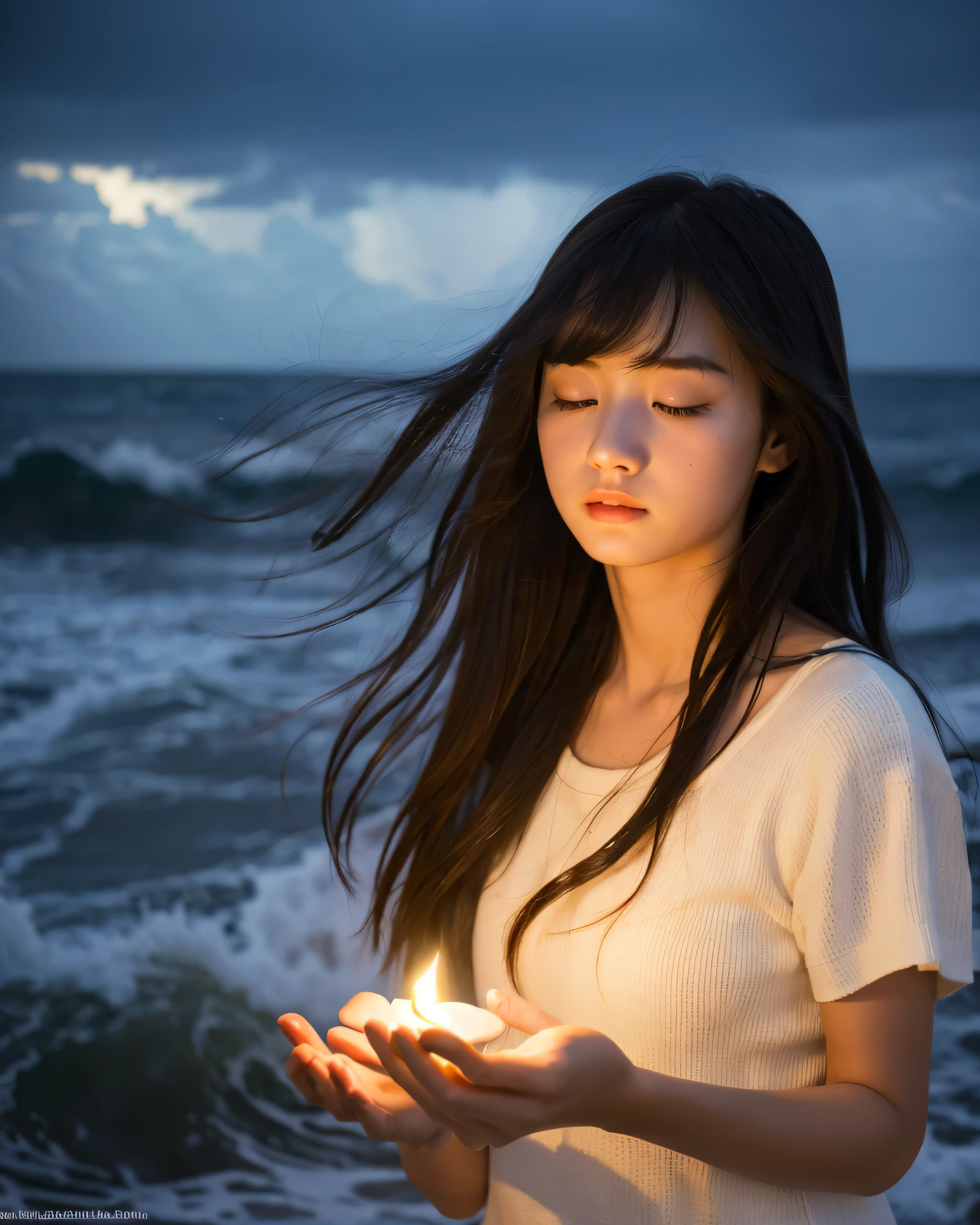 “A high-resolution, fantastical image of a long-haired woman with black hair standing by the lakeside. She is positioned at the edge of the frame, her hands clasped together in a prayer-like gesture, eyes closed, and looking up at the sky. Place a first-magnitude star prominently in the sky as if she is making a wish upon it. The woman’s silhouette should glow in the darkness, highlighting her presence. Capture the scene with a magical and ethereal quality.”
