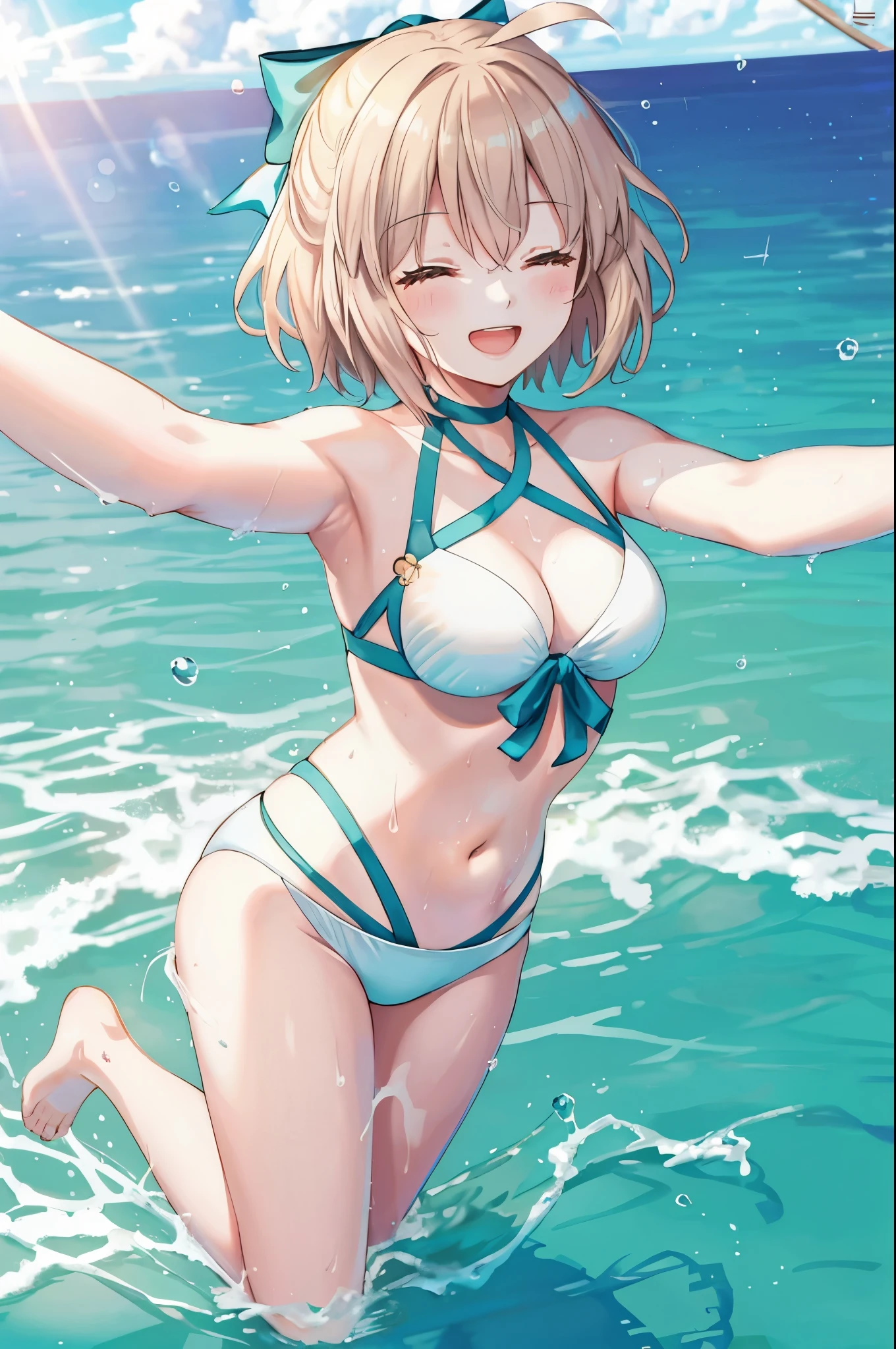 masterpiece, best quality,extremely detailed CG unity 8k wallpaper,
1girl,okita souji \(fate\), swimsuit,bikini,
smile,open_mouth,dynamic_jumping,sunlight,splash_of_water,happy,closed_eyes,selfie