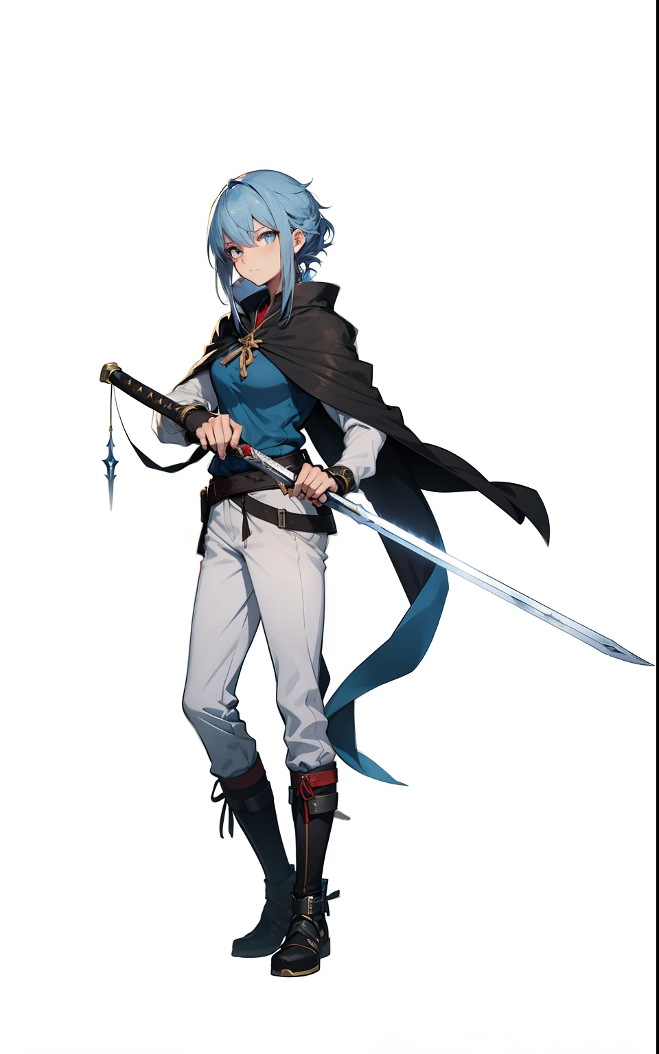 Cartoon image of a woman with a sword and a cloak, With a big sword, Tall anime character with blue eyes, Cosplay portrait full body, Full body RPG portrait, Authentic shiro, an edgy teenage assassin, anime fencer, Posing with sword, 戏剧性的holding sword姿势, Holding a long sword, main character, Authentic, holding sword,middle Ages，Ys style