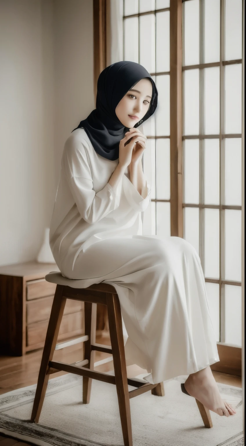 ((Best quality, 8k, Masterpiece :1.3)), Hijab woman with expressive eyes: 1.4, Nude: 1.7, Sitting astride a wooden stool: 1.2, Right hand reaching for breast: 1.3, Left hand delicately holding vagina: 1.3, Raw photography: 1.1, Ultra-realistic, Highly detailed facial features and skin texture, Detailed eyes with long lashes, Sensuous expression, Intimate setting
This masterpiece in high resolution captures the essence of a hijab-wearing woman as she sits comfortably astride a wooden stool, her body tastefully