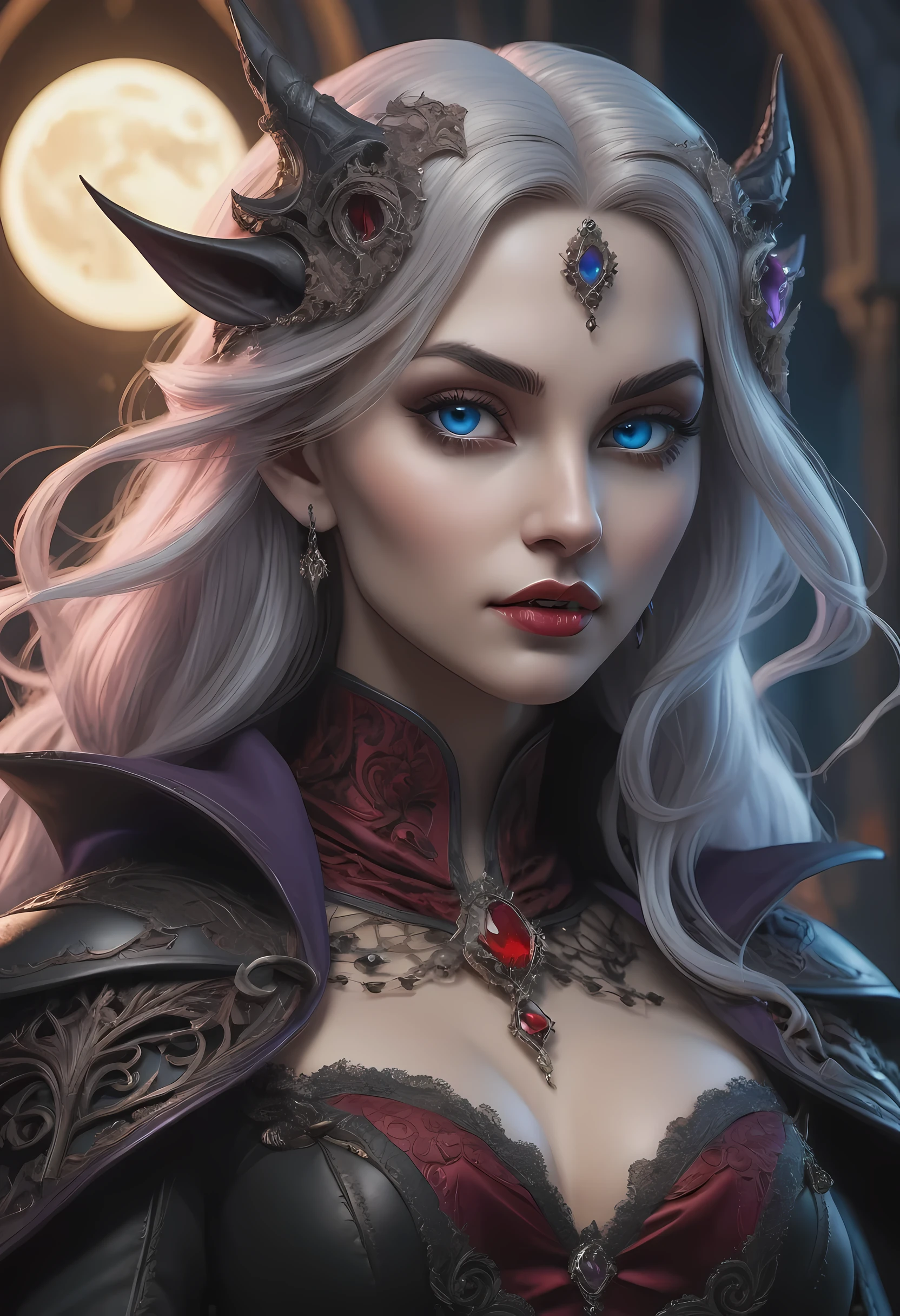 fantasy art, gothic art, (masterpiece:1.5), full body best details, highly detailed, best quality, Glowing Purple, highres, full body portrait of a vampire, elf (Masterpiece, best quality: 1.6), ultra feminine, wizard, (intricate details, Masterpiece, best quality: 1.5) with a long curvy hair, light color hair, blue eyes, (fantasy art, Masterpiece, best quality), ((beautiful delicate face)), Ultra Detailed Face (intricate details, fantasy art, Masterpiece, best quality: 1.5), [[vampiric fangs 1.5]] (red cloak: 1.3) , flowing cloak (intricate details, fantasy art, Masterpiece, best quality: 1.3), wearing an intricate black dress (intricate details, fantasy art, Masterpiece, best quality: 1.5), high heeled boots, urban background (intense details, beat details), fantasy, at night light, natural ,moon light, clouds, gothic atmosphere, soft light, dynamic light, [[anatomically correct]], high details, best quality, 8k, [ultra detailed], masterpiece, best quality, (extremely detailed), dynamic angle