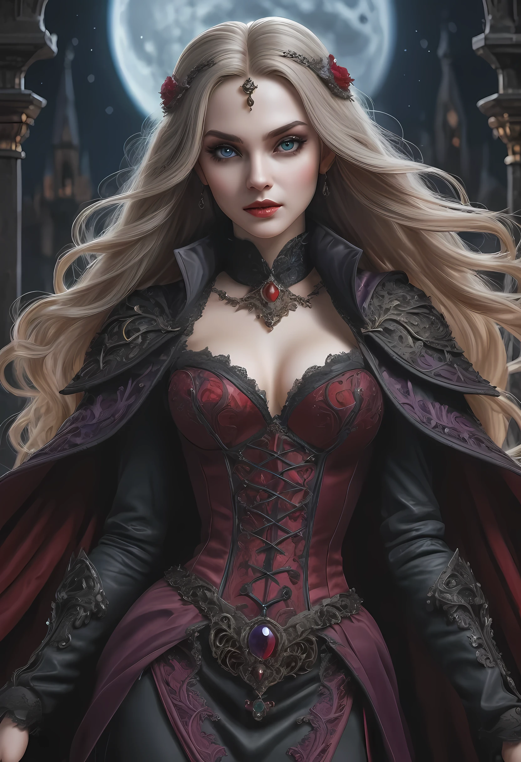 fantasy art, gothic art, (masterpiece:1.5), full body best details, highly detailed, best quality, Glowing Purple, highres, full body portrait of a vampire, elf (Masterpiece, best quality: 1.6), ultra feminine, wizard, (intricate details, Masterpiece, best quality: 1.5) with a long curvy hair, light color hair, blue eyes, (fantasy art, Masterpiece, best quality), ((beautiful delicate face)), Ultra Detailed Face (intricate details, fantasy art, Masterpiece, best quality: 1.5), [[vampiric fangs 1.5]] (red cloak: 1.3) , flowing cloak (intricate details, fantasy art, Masterpiece, best quality: 1.3), wearing an intricate black dress (intricate details, fantasy art, Masterpiece, best quality: 1.5), high heeled boots, urban background (intense details, beat details), fantasy, at night light, natural ,moon light, clouds, gothic atmosphere, soft light, dynamic light, [[anatomically correct]], high details, best quality, 8k, [ultra detailed], masterpiece, best quality, (extremely detailed), dynamic angle