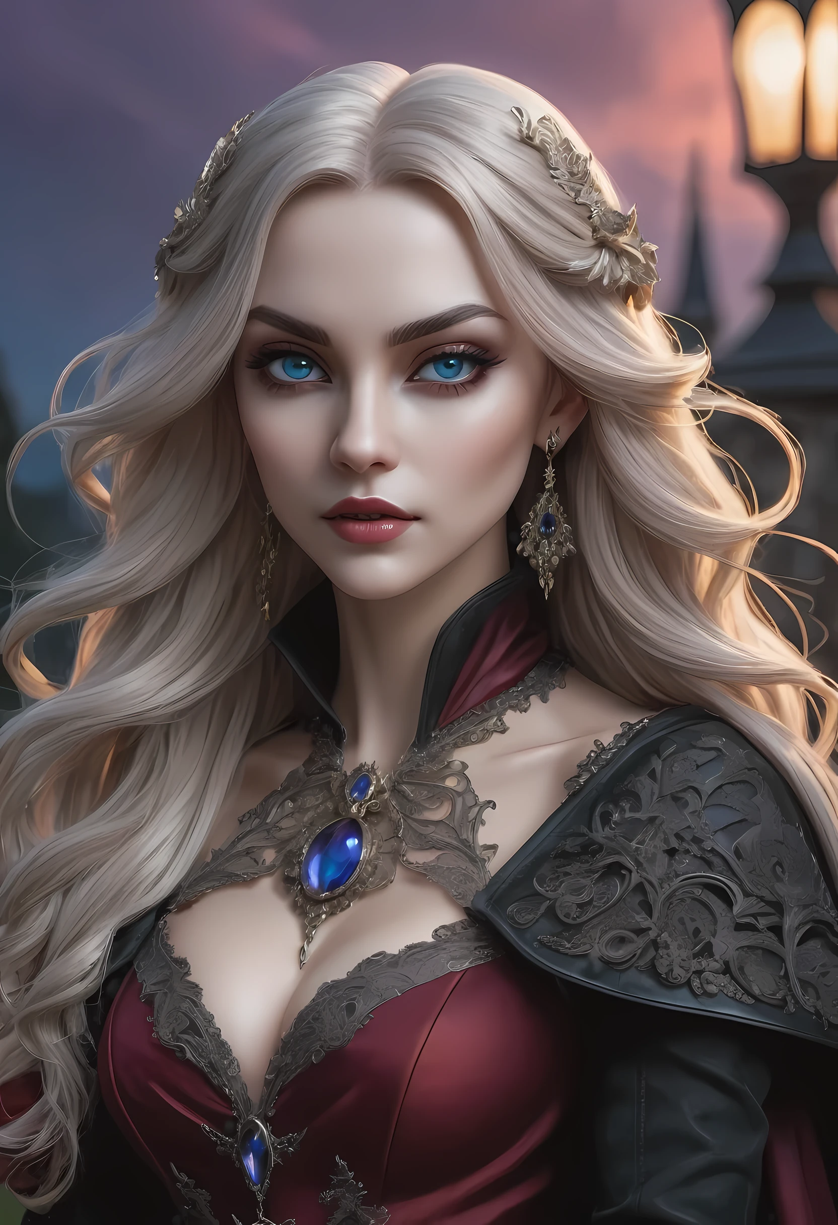 fantasy art, gothic art, (masterpiece:1.5), full body best details, highly detailed, best quality, Glowing Purple, highres, full body portrait of a vampire, elf (Masterpiece, best quality: 1.6), ultra feminine, wizard, (intricate details, Masterpiece, best quality: 1.5) with a long curvy hair, light color hair, blue eyes, (fantasy art, Masterpiece, best quality), ((beautiful delicate face)), Ultra Detailed Face (intricate details, fantasy art, Masterpiece, best quality: 1.5), [[vampiric fangs 1.5]] (red cloak: 1.3) , flowing cloak (intricate details, fantasy art, Masterpiece, best quality: 1.3), wearing an intricate black dress (intricate details, fantasy art, Masterpiece, best quality: 1.5), high heeled boots, urban background (intense details, beat details), fantasy, at night light, natural ,moon light, clouds, gothic atmosphere, soft light, dynamic light, [[anatomically correct]], high details, best quality, 8k, [ultra detailed], masterpiece, best quality, (extremely detailed), dynamic angle