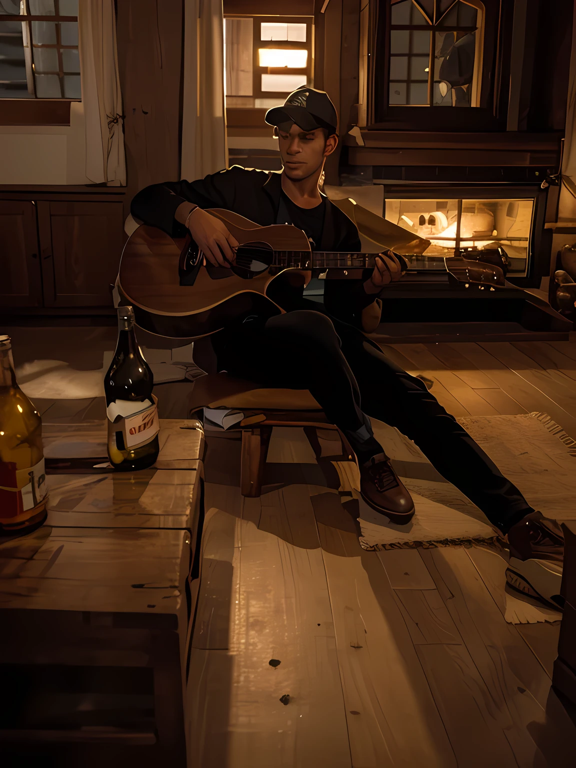 Full moon at night on a mountain, young man playing guitar with alcoholic drinks, sharp image while preserving the original image 
