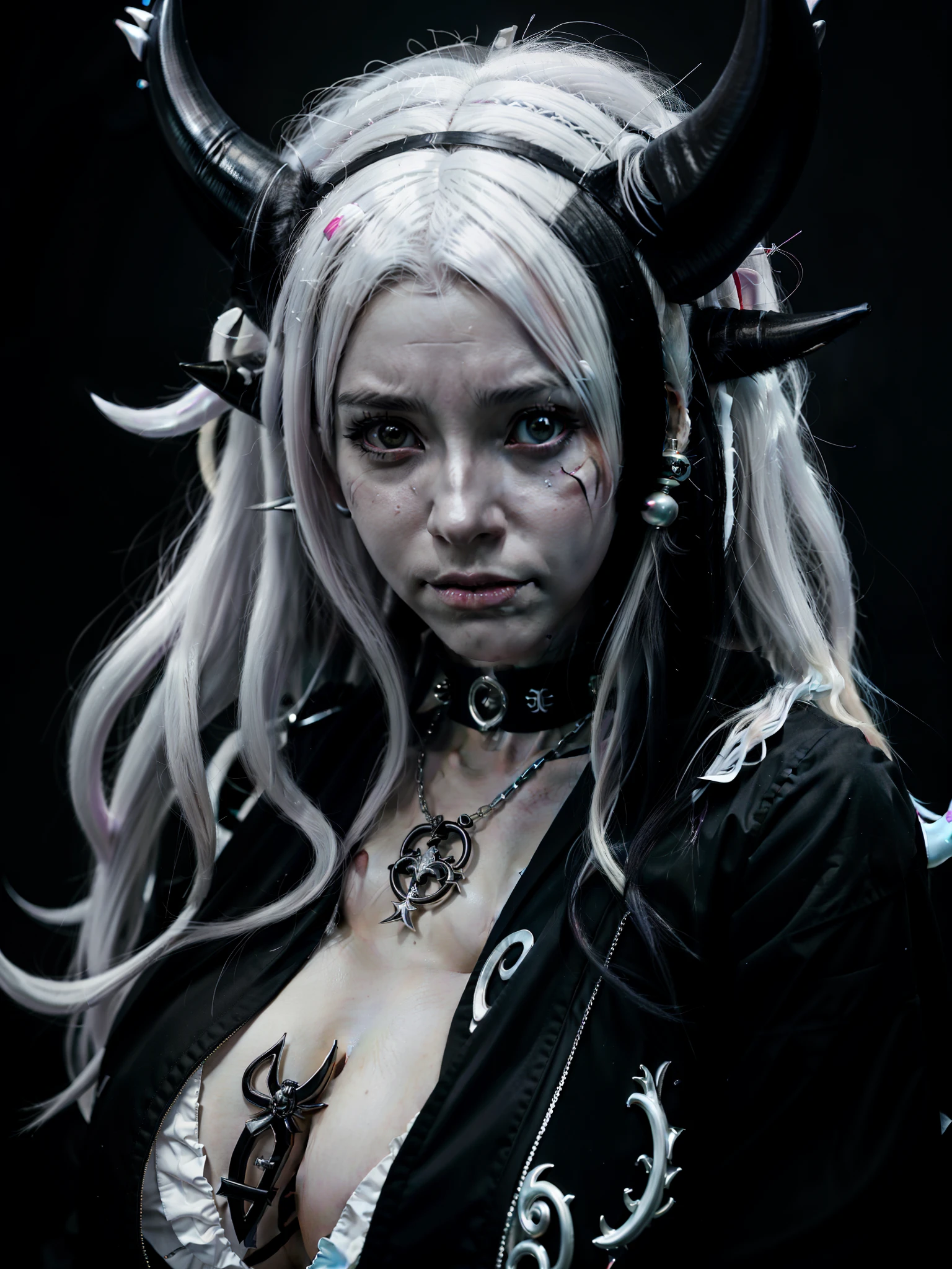 anime girl with horns and piercings in black and white, 1 7 -  - old me goth girl, demon anime girl, anime character, white horns queen demon, beautiful anime portrait, gothic maiden anime girl, anime girl with long hair, tifa lockhart with white hair, white haired deity, anime girl with cat ears, beautiful anime catgirl, perfect white haired girl