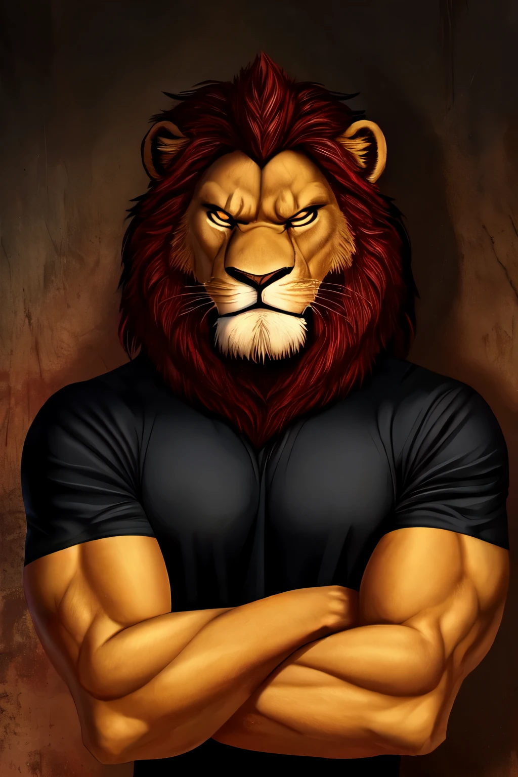 An anthropomorphic lion, with a furious expression, wears a red and black shirt. the lion is with his arms crossed very angry in a dark environment