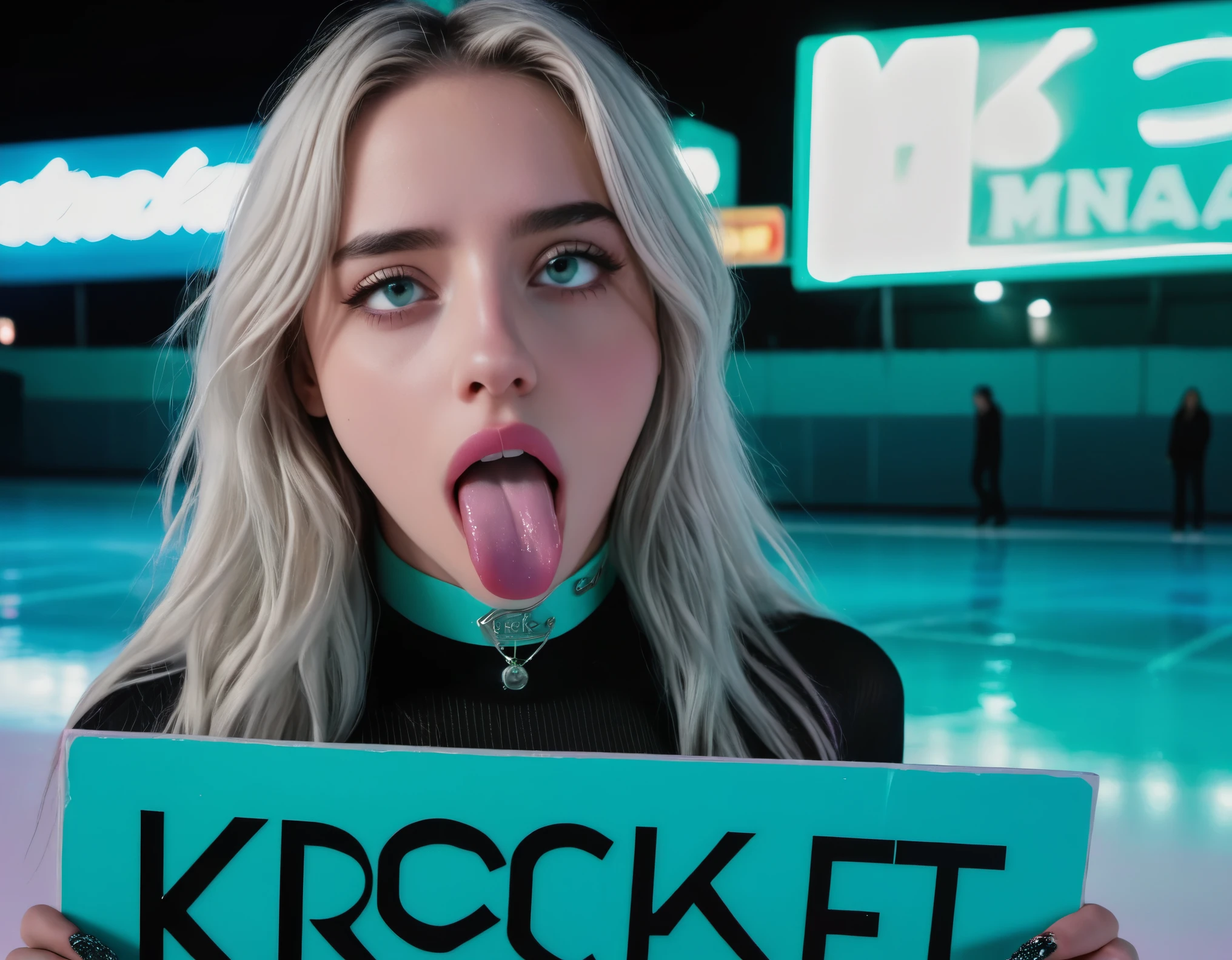 close up photo of [mia-goth|Krysten-Ritter|Billie-Eilish] tongue out ahegao holding sign that says ("KROCKETT":1.15) long-silver-hair pink-eyes choker (kneeling) inside (skating-rink:1.12) (nighttime) [slut-makeup] sexy cinematic detailed highres analog photo film grain high-saturation happy ((teal))
