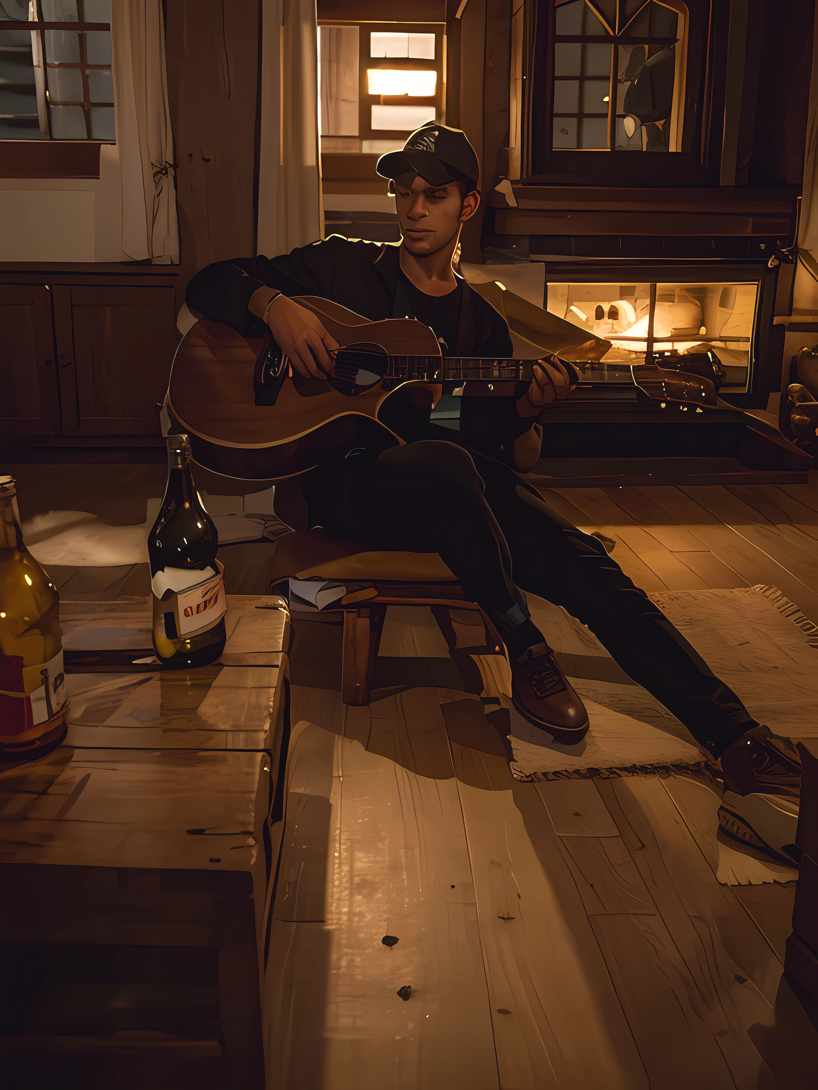Full moon at night on a mountain, young man playing guitar with alcoholic drinks, sharp image while preserving the original image 