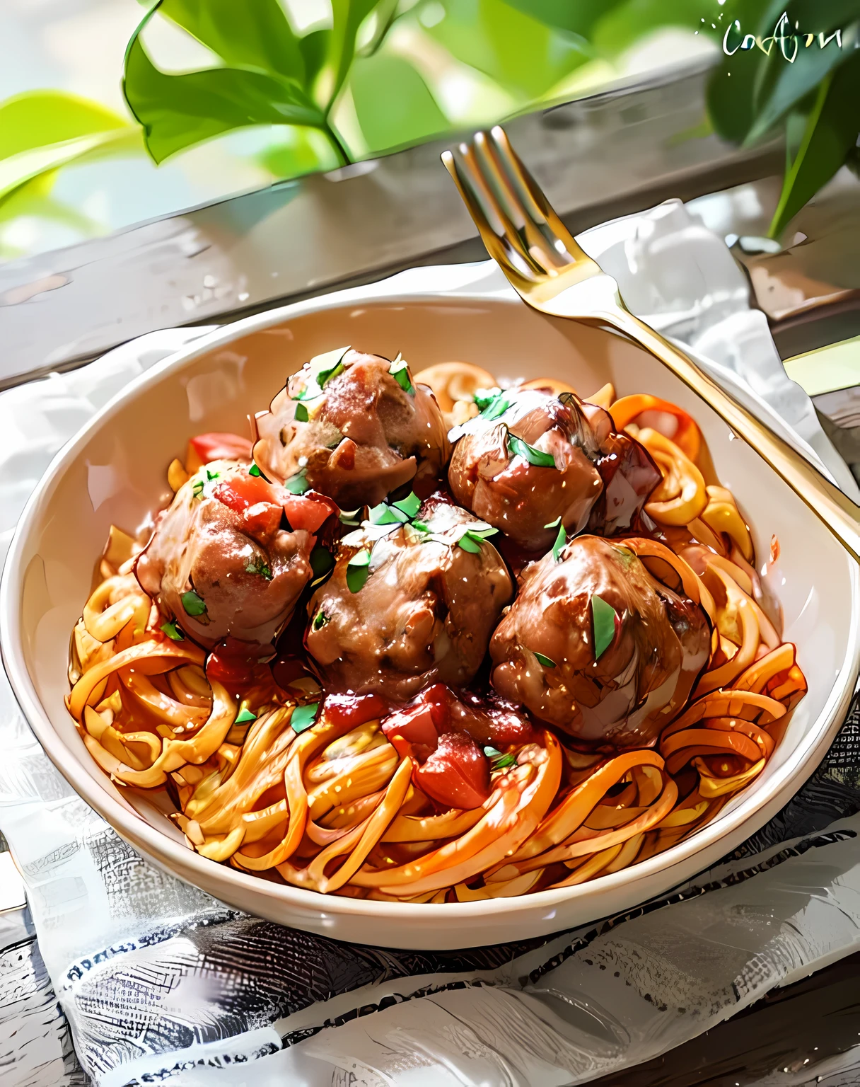 A yellow snake with meatballs and tomato sauce on top, anime kawaii:5.0, estilo kawaii, comida em forma de animal:3.0, kawaii core.