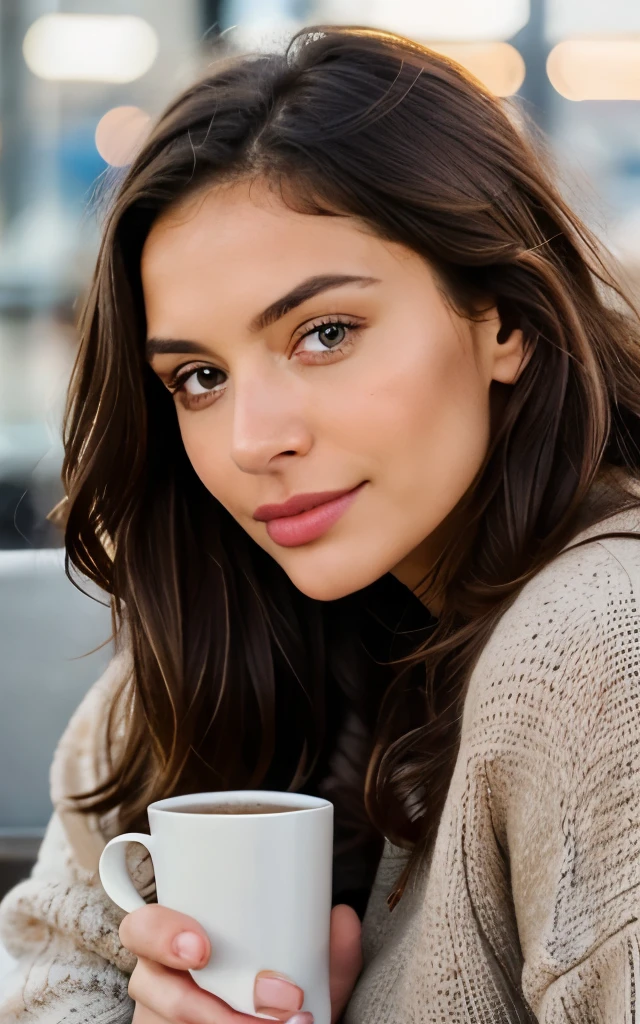 Beautiful brunette wearing a beige sweater (Holding a cup of coffee in a modern cafe at sunset), sehr detailiert, 21 Jahre alt, Gesicht unschuldig, natural wavy hair, yeux bleus, high resolution, Meisterwerk, Best quality, Komplizierte Details, sehr detailliert, scharfer Fokus, detaillierte Haut, realistic skin Textur, Textur, Detaillierte Augen, Fachmann, 4K, charming smile, gefilmt in Canon, 85 mm, faible profondeur de champ, Couleur Kodak Vision, perfectly fitting body, extremely detailed, Fotografier_\(Ultra\), fotorealistisch, Realstic, Nachbehandlung, Maximale Details, Rauheit, wahres Leben, Ultra realist, Fotorealismus, Fotografie, 8K UHD, Fotografie