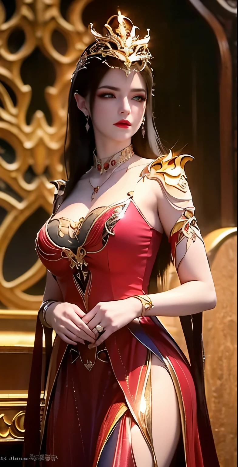 "An extremely beautiful queen,(best quality,4k,highres,masterpiece:1.2),ultra-detailed,(realistic,photorealistic,photo-realistic:1.37),beautiful queen,naked,sparkling crown,colorful gemstones,golden scepter,elegant pose,nude,soft lighting,vibrant colors,delicate facial features,long flowing hair,big and round breasts,black eye pupils,The big, round platinum eyes are beautiful and super detailed,red and detailed makeup eyebrows,mouth closed tightly,dreamy atmosphere,the most perfect body,ethereal beauty,proud expression,clasped the queen's hands behind her back,strikingly graceful,lovely and charming,attention to detail,regal and majestic,fairytale-like ambiance,1 girl, 1 alone,full body", looking at viewer