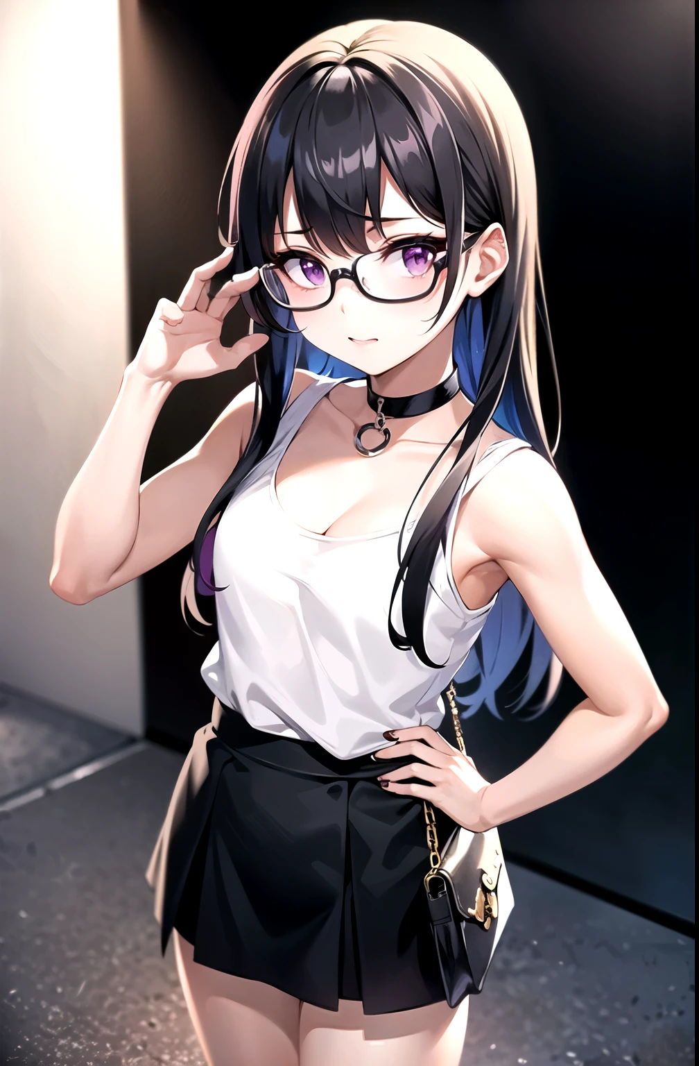 best quality, Ultra high resolution, 1 girl, White sleeveless shirt, black skirt, black choker, cute, (kpop idols), (Aegyo Sal:1), (Black hair:1), (purple eyes), (wear glasses), ((Bags under the eyes)), look at viewer, full body, Facing the front