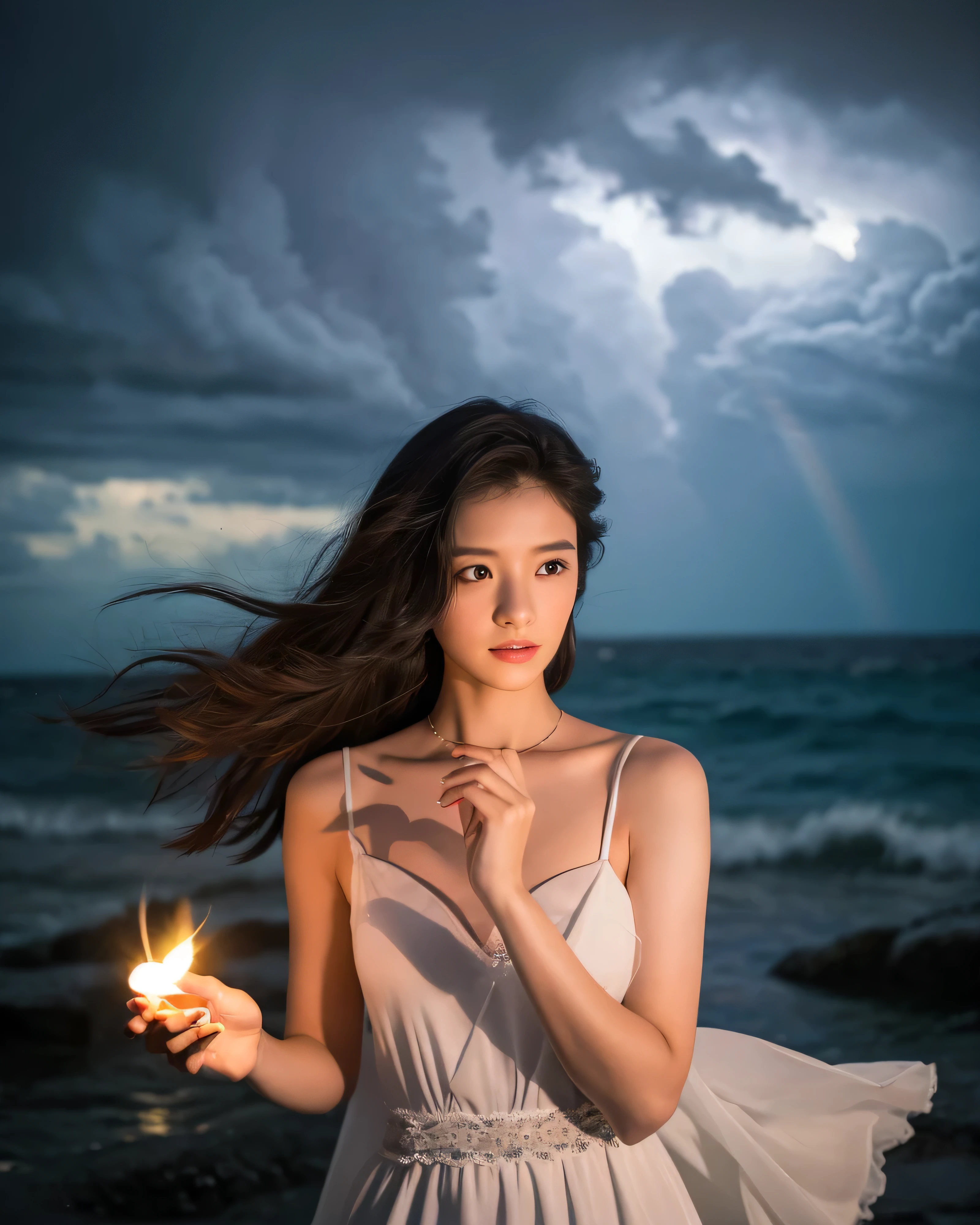 (highest quality, 32k, High resolution, masterpiece:1.5, ), god々New, a mysterious miracle, ((stormy night:1.2)), detailed sea and sky, ((standing in the raging sea:1.2)), Japanese Beauty New Girl, 14 years old, Holding a small light with both hands, accurate hands, Thumb and４real finger, Perfectly shaped beauty new face, Calm and kind eyes, Beauty New Black Hair, Super long smooth hair, Asymmetrical beauty New bangs, thin eyebrows, attractive lips, white dress, Holding a small light with both hands as if it were important, raging storm々New Overcoming emotions、show calm and serenity, Inner strength is wrapped in delicacy、Radiates inner beauty。A woman&#39;s heart moves the world with an invisible force、illuminate everything around you, professional lighting, professional photographer, Professional models