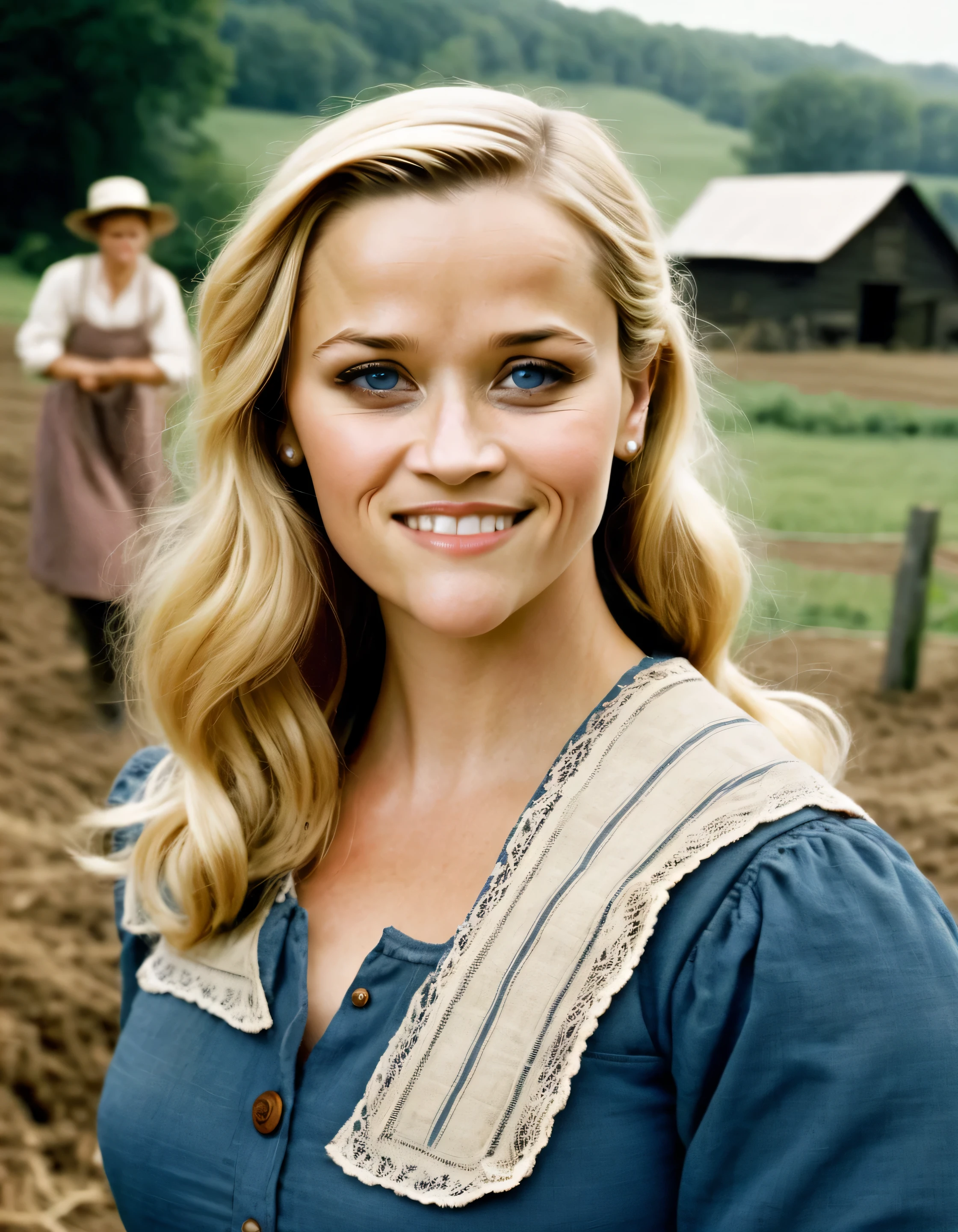 reese_witherspoon, historical photograph of a woman, glossy blue eyes, 1970, wearing vintage peasant clothes, doing farm work at a communal farm, other women working in background, smiling at camera,, ((sharp face, detailed face, realistic face, natural skin, realistic skin, detailed skin, pores, detailed eyes, realistic eyes)), high saturation