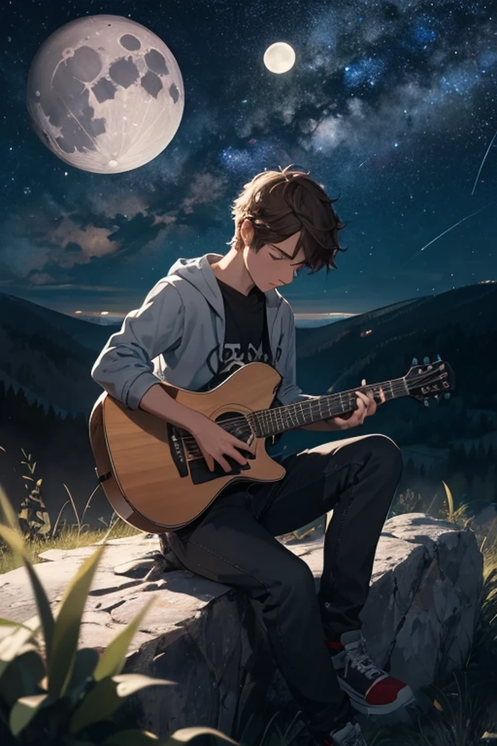 Sad young man playing guitar on a mountain watching the stars and the moon 