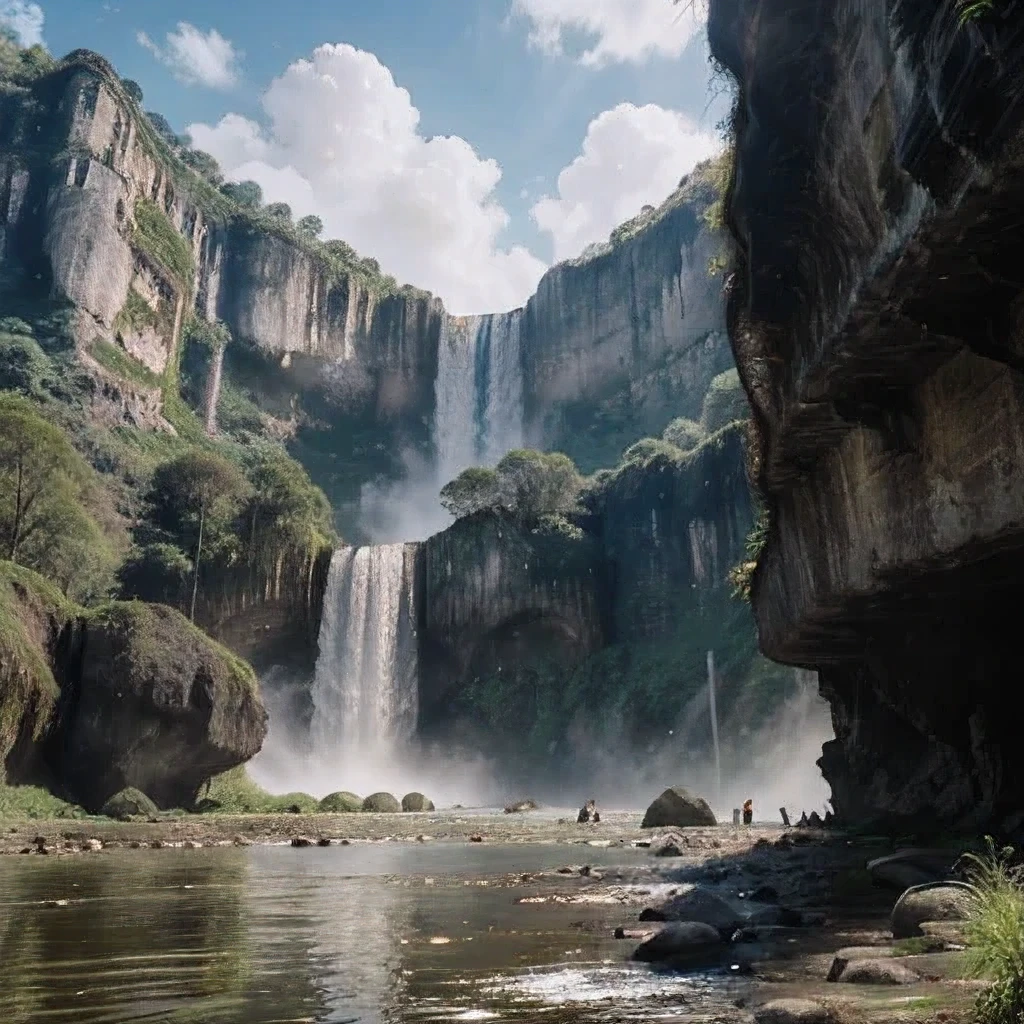((Perfect beautiful realistic texture detailed)): Javanese heigh waterfall, super high waterfall, long waterfall, wide river, gigantic big rock, much stone's, background mountain, cloudy