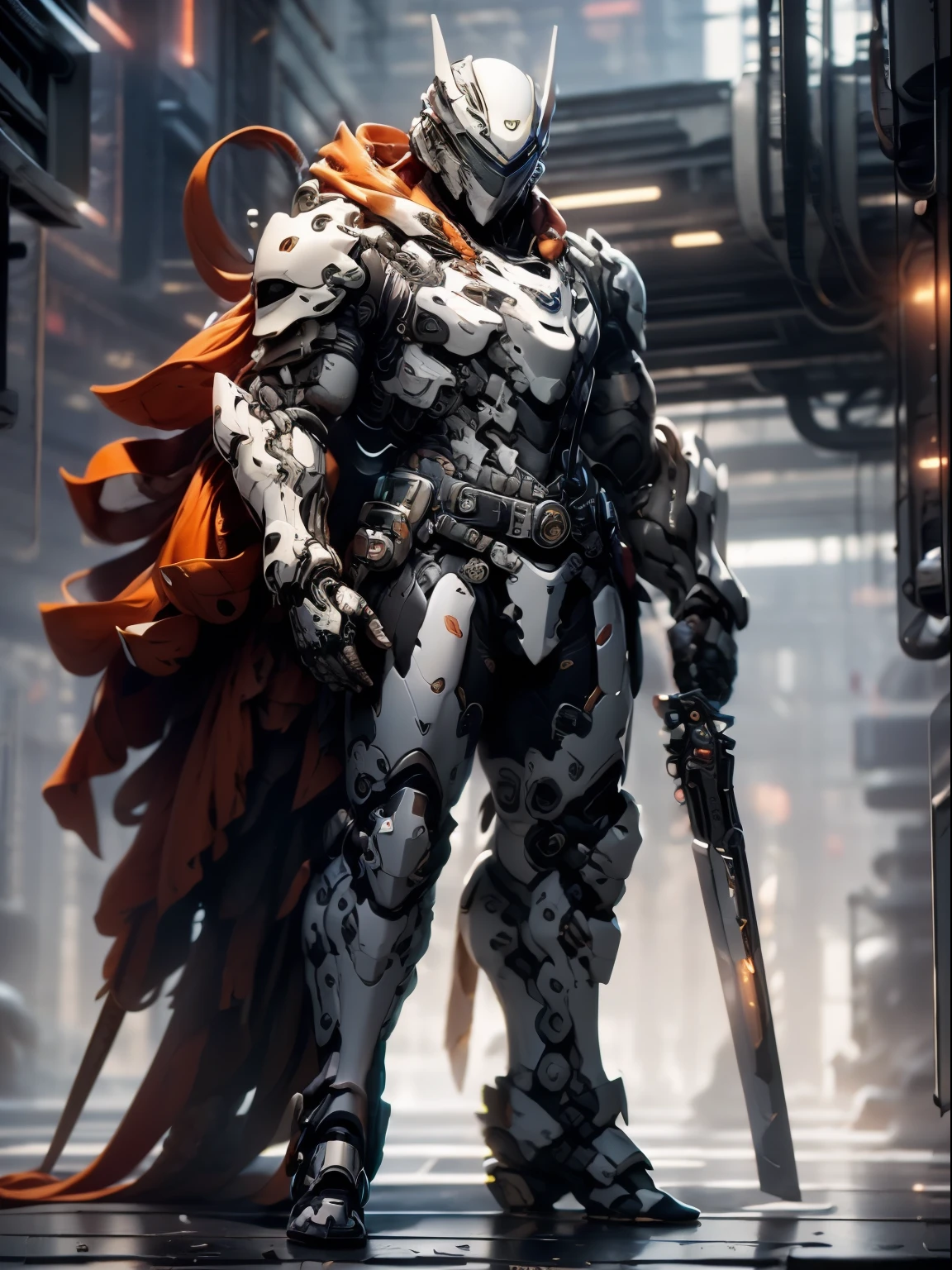 Pessoas do sexo masculino，intricada，Wear mechanical clothing，intrincado，Mechanical warrior，Tira de Obi，Complex masks，Gorgeous belt，um lindo，Complex technical exoskeleton，Capa intrincada，Complex full wrap helmet，volumetric light，humano - em forma，volumetric light，tecnologia do futuro，Corpo off-white，um lindo，Exagerado，machine，fender，Mechanical belts，The futuristic and sci-fi feel of the futuristic body，