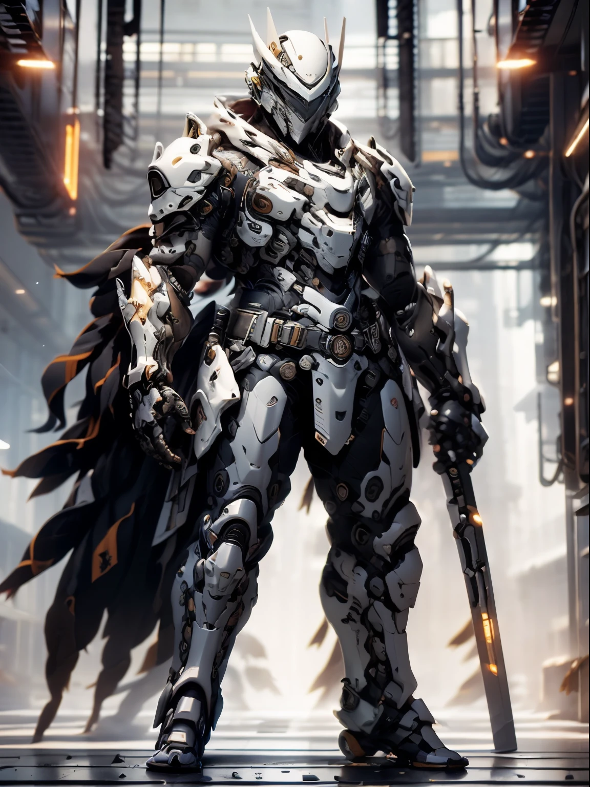 Pessoas do sexo masculino，intricada，Wear mechanical clothing，intrincado，Mechanical warrior，Tira de Obi，Complex masks，Gorgeous belt，um lindo，Complex technical exoskeleton，Capa intrincada，Complex full wrap helmet，volumetric light，humano - em forma，volumetric light，tecnologia do futuro，Corpo off-white，um lindo，Exagerado，machine，fender，Mechanical belts，The futuristic and sci-fi feel of the futuristic body，
