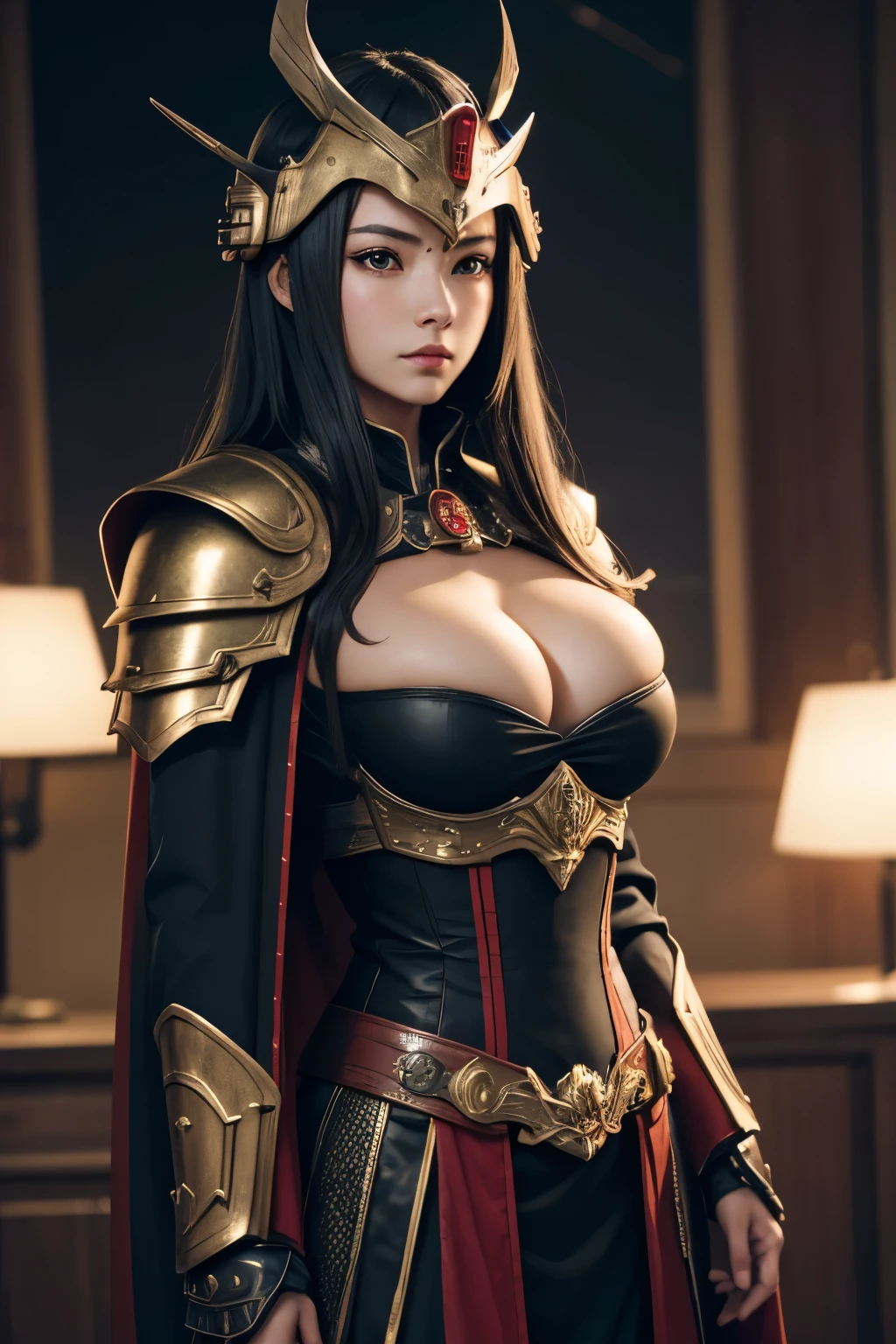 Detailed portrait of Cinematic shot,cute girl,cape,samurai,gold and red assassin armor,intricate armor,vikings helmet, angry, full body,gundam Emphasize blackened steel,detailing,4k resolution,enaissance style,high contrast,cinematic lighting, clean-shaven, high level of detail, dynamic pose,showing big breast