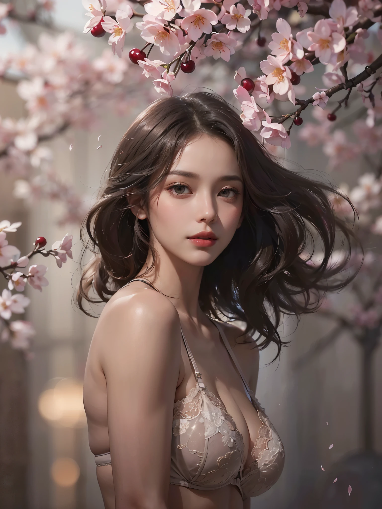 (best quality, masterpiece, ultra detailed, ultra high res, photorealistic, raw photo, absurdres, absolutely resolution:1.4),(An extremely delicate and beautiful work:1.3)(best quality color photo of a mysterious beautiful woman in a bra and pantie, haute couture fashion shoot, Advertising photo for luxury lingerie brand, medium long shot, cherry blossoms:1.5),
Brake French luxury lingerie brand, (The brand concept is that lingerie gives women beauty, femininity, and confidence)
Brake (the lingerie is made of cherry blossoms :1.4)(the lingerie has a bold, sensual, and romantic design, The design features delicate lace and exquisite curves that cannot be imitated anywhere else:1.2), Lingerie that makes a woman's body shine and makes her feel passionate, All ranked highest in the world, The ultimate lingerie that women all over the world aspire to, sexy lingerie, elegant and sophisticated fashion,
Brake (The woman is a 28-year-old global super model:1.4),(beautiful figure, Perfect female body, skinny physique:1.3), (she is the embodiment of beauty and allure), A very beautiful and sexually attractive woman, sensual and seductive, asian beauty,(her flowing hair cascades gracefully, perfectly complemented by tasteful and elegant makeup:1.3) ,(black hair), (detailed face), looking at viewer, detailed eyes, black eyes, lustrous lips ,(subtle smile),cleavage, (muscular),
Brake (Sunshine, soft front light:1.3) ,(elegant pose:1.2), glamorous fashion pose, Gentle and enigmatic expression, High color saturation,