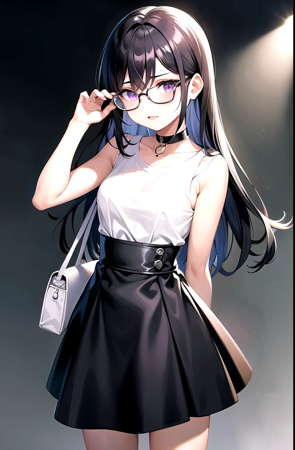best quality, Ultra high resolution, 1 girl, White sleeveless shirt, black skirt, black choker, cute, (kpop idols), (Aegyo Sal:1), (Black hair:1), (purple eyes), (wear glasses), ((Bags under the eyes)), look at viewer, full body, Facing the front