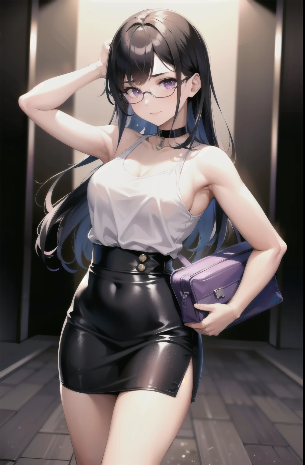 best quality, Ultra high resolution, 1 girl, White sleeveless shirt, black skirt, black choker, cute, (kpop idols), (Aegyo Sal:1), (Black hair:1), (purple eyes), (wear glasses), ((Bags under the eyes)), look at viewer, full body, Facing the front
