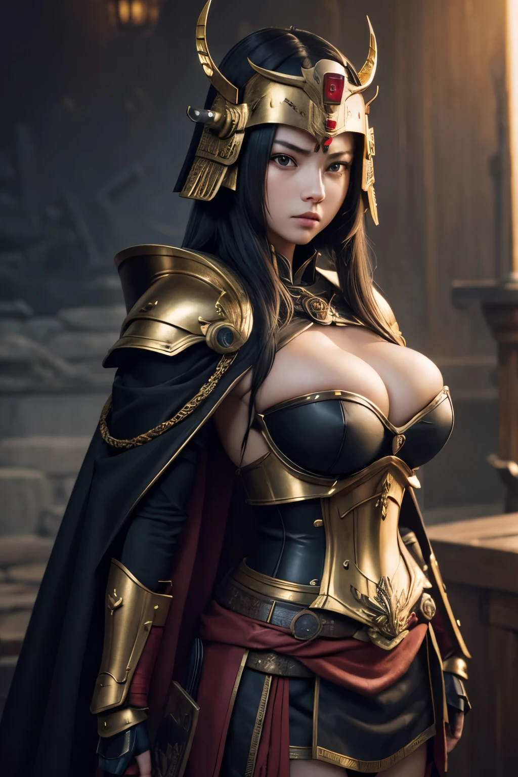 Detailed portrait of Cinematic shot,cute girl,cape,samurai,gold and red assassin armor,intricate armor,vikings helmet, angry, full body,gundam Emphasize blackened steel,detailing,4k resolution,enaissance style,high contrast,cinematic lighting, clean-shaven, high level of detail, dynamic pose,showing big breast and nipples.