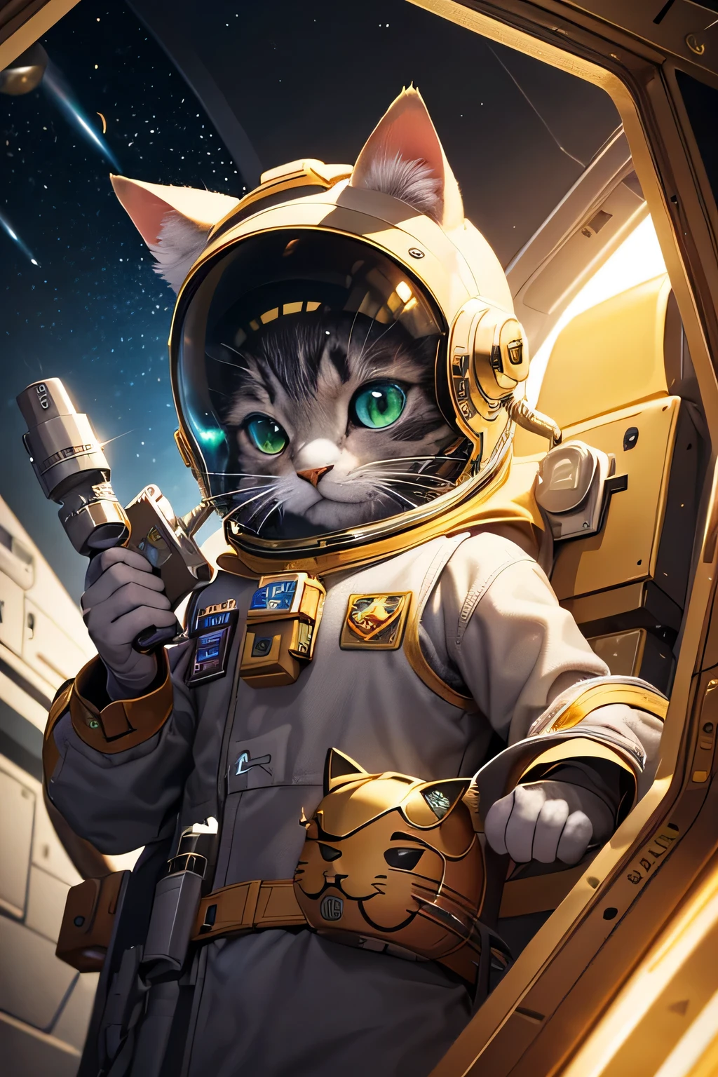 Title: "Cosmic Curiosity: The Astronaut Cat's Intergalactic Adventure"
Description: A captivating e-book cover featuring a curious cat donning an astronaut helmet, gazing intently out of a spacecraft window. The cat, with its expressive green eyes, is dressed in a sleek, fitted astronaut suit, complete with a golden badge on its chest. The elaborate helmet enhances the cat's appearance, filled with intricate details, such as communication devices and sensors. The cat's fur, usually unkempt, is remarkably tamed and smooth, contrasting the rugged texture of the spacecraft's interior. The scene