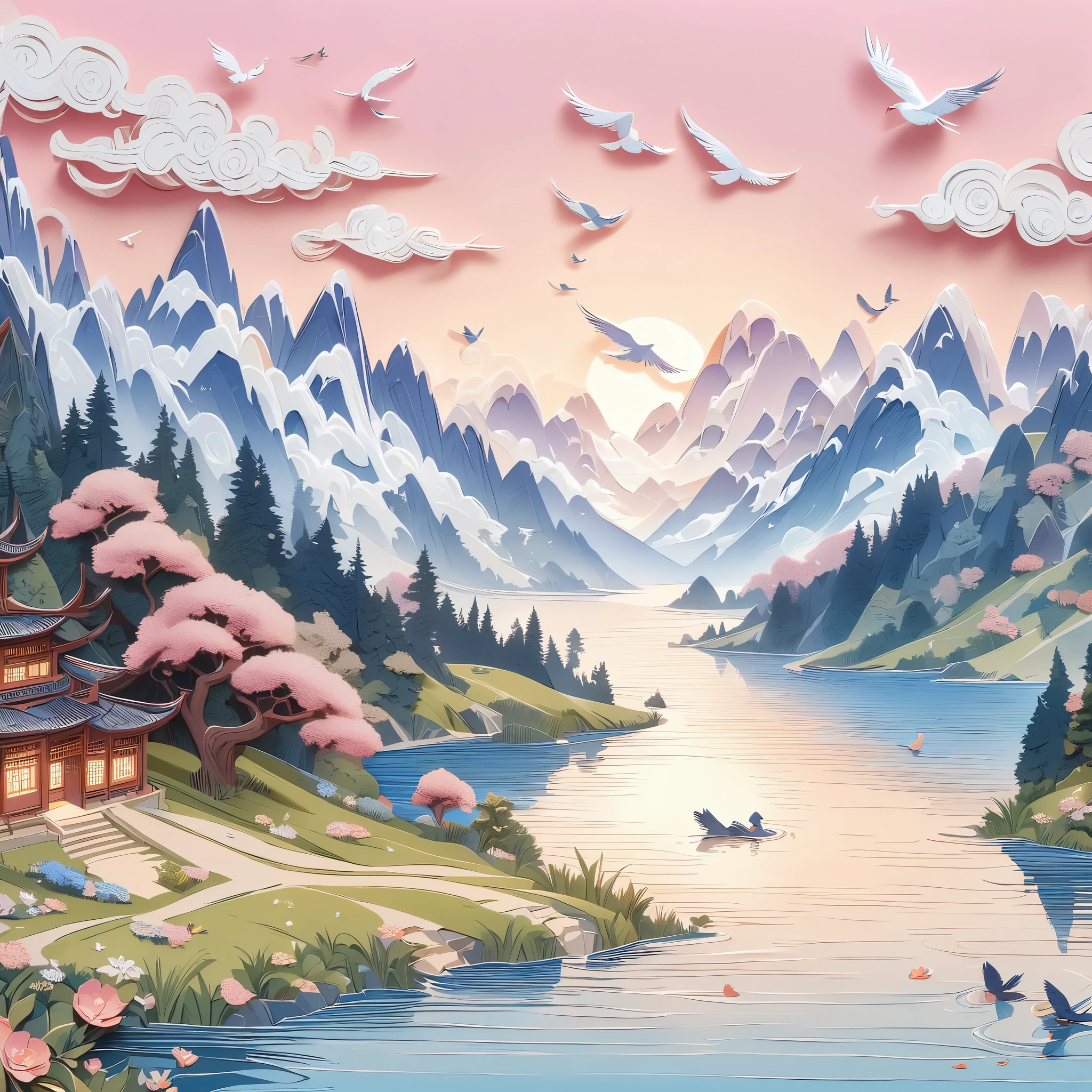 (masterpiece, best quality:1.2), embossed paper, alone，A painting of an alpine lake，The background is a castle，The foreground is trees，A bird flies on the water