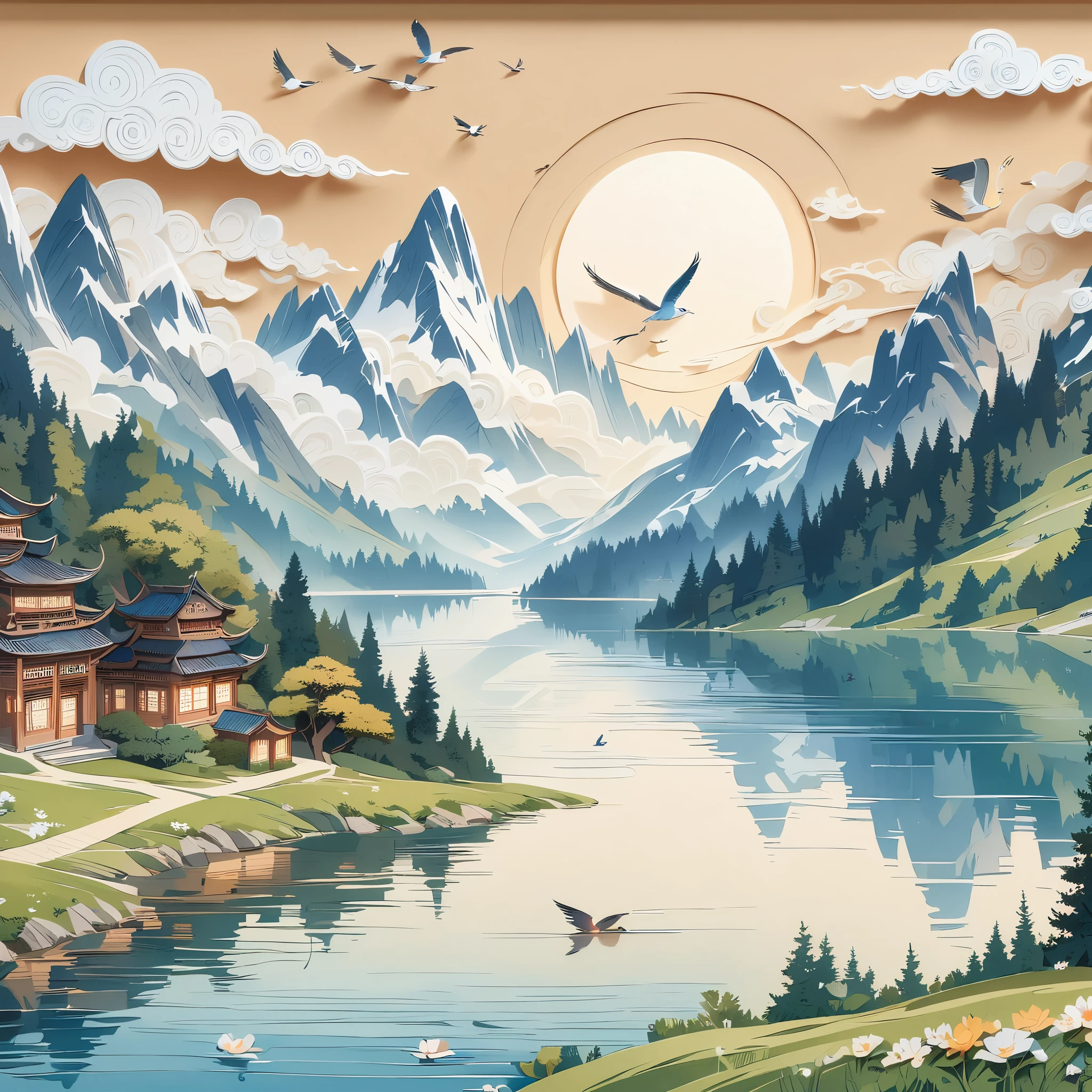 (masterpiece, best quality:1.2), embossed paper, alone，A painting of an alpine lake，The background is a castle，The foreground is trees，A bird flies on the water