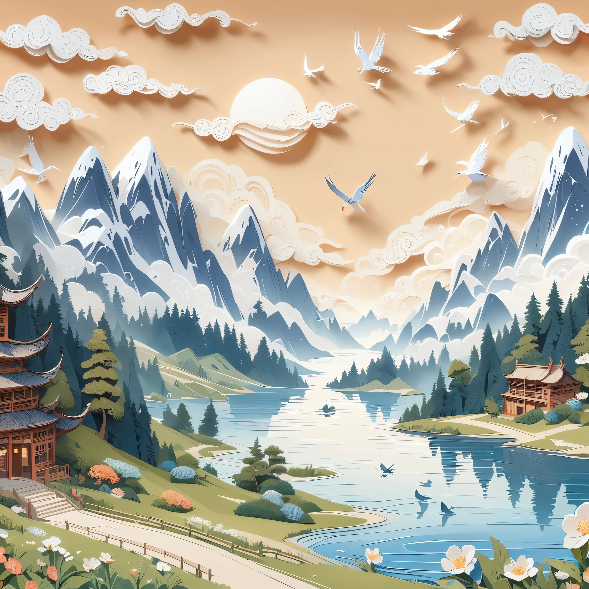 (masterpiece, best quality:1.2), embossed paper, alone，A painting of an alpine lake，The background is a castle，The foreground is trees，A bird flies on the water