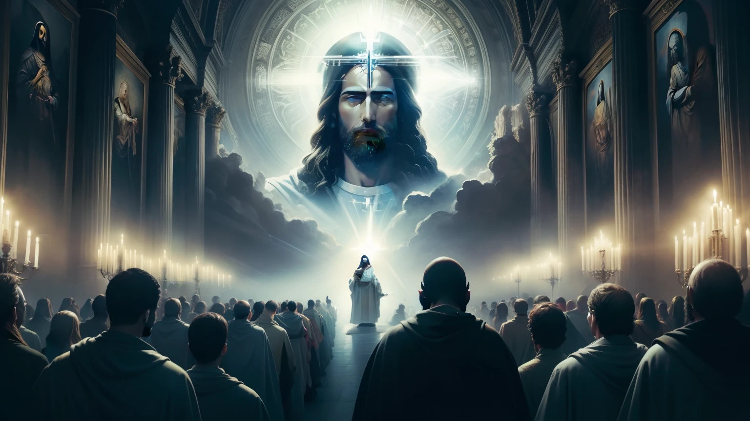 um grupo de pessoas em uma grande sala com uma grande pintura, jesus cristo em efeito de massa, arte conceitual de deus, tron legado Jesus Cristo, por Artur Tarnowski, segunda vinda, por Eugeniusz Zak, santos raios de luz sagrados, por Adam Marczyński, imagens sagradas, por Aleksander Kobzdej