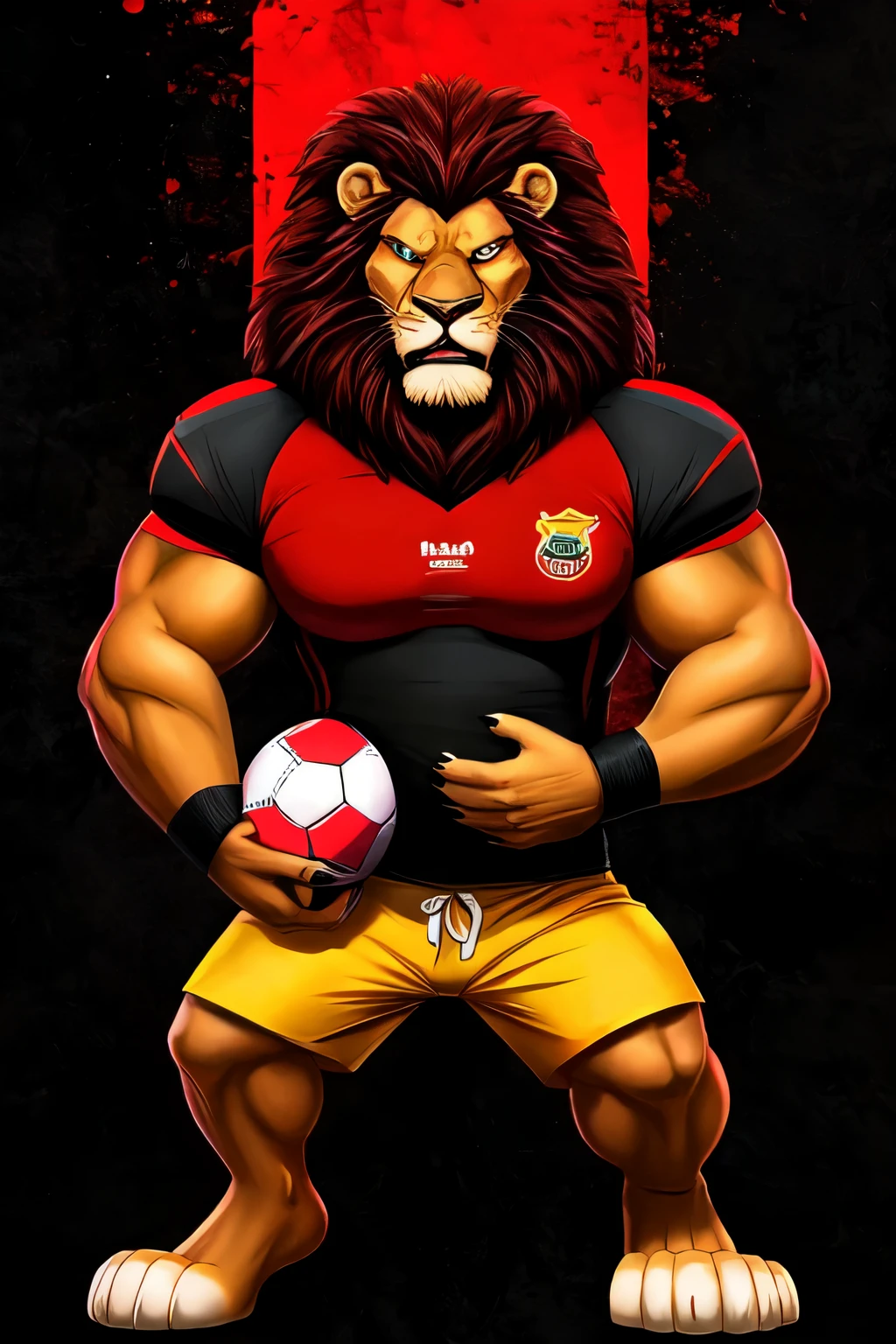 An anthropomorphic lion, with a furious expression, wears a red and black shirt. the lion is very angry, with football fans on the red and black background