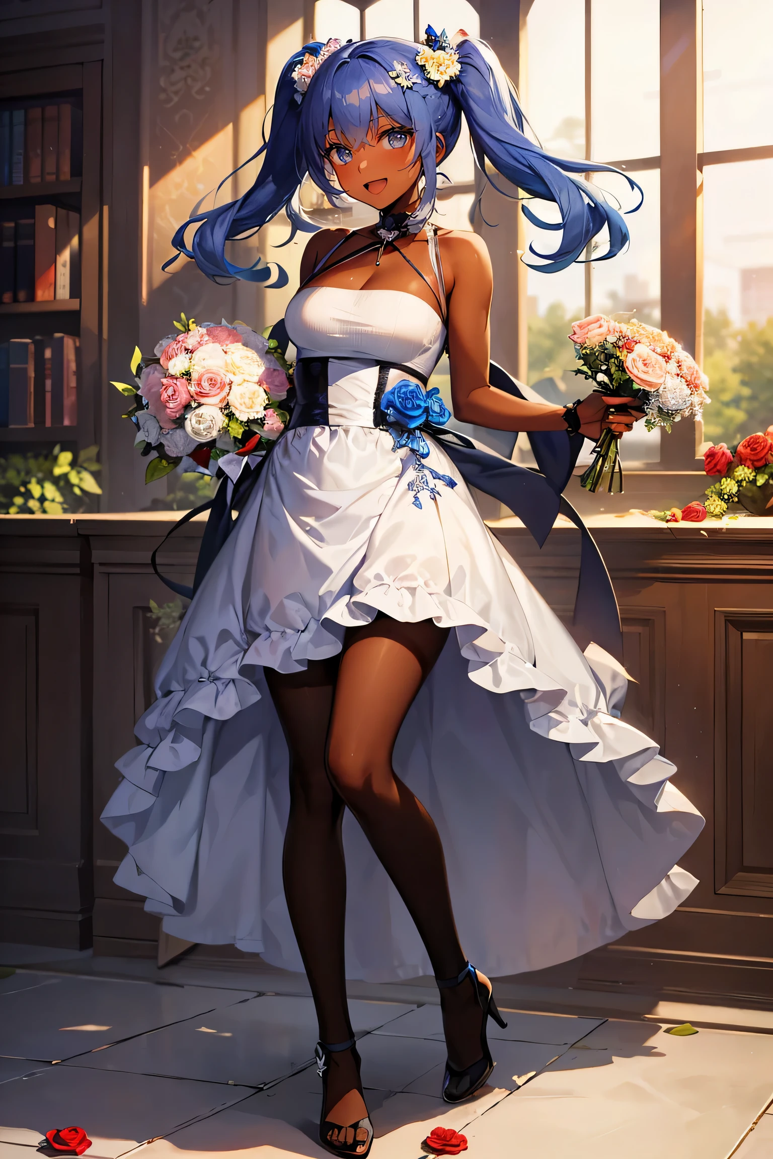 masterpiece, best quality, 1girl,full body,twin tail,bright blue Hair,blue eyes,dark skin,looking at the viewer, ((holding a bouquet)),red rose bouquet,open mouth smile,I'm in a flower garden, ,Stand with your feet shoulder-width apart