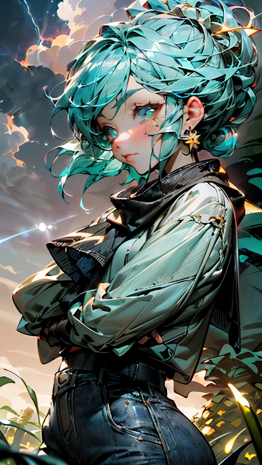 ((masterpiece,best quality,Highly Detailed CG Unity 8k Wallpaper Movie Lighting、Photo album、lens flare glow)),(beautiful and fine eyes),(Retina display,granular coloring)、(light blue hair、Short chignon hair:1.3),(perfect face、There's light in my eyes,colored shiny spots、glossy lips、Yokohiro's mouth、anxiety、hollywood actor makeup、blush)、(very detailed eyes),(chibi whole body、Slender:1.3),(pineapple、best shadow、very delicate and beautiful:1.1)、(Chibi Muku、close up of face、Innocent、sad expression、Seduce)、(pineappleの置物、casual fashion、earrings、grass、Eyes meet、night sky、blue lightning、dark clouds、open your arms、sense of openness:1.3)、