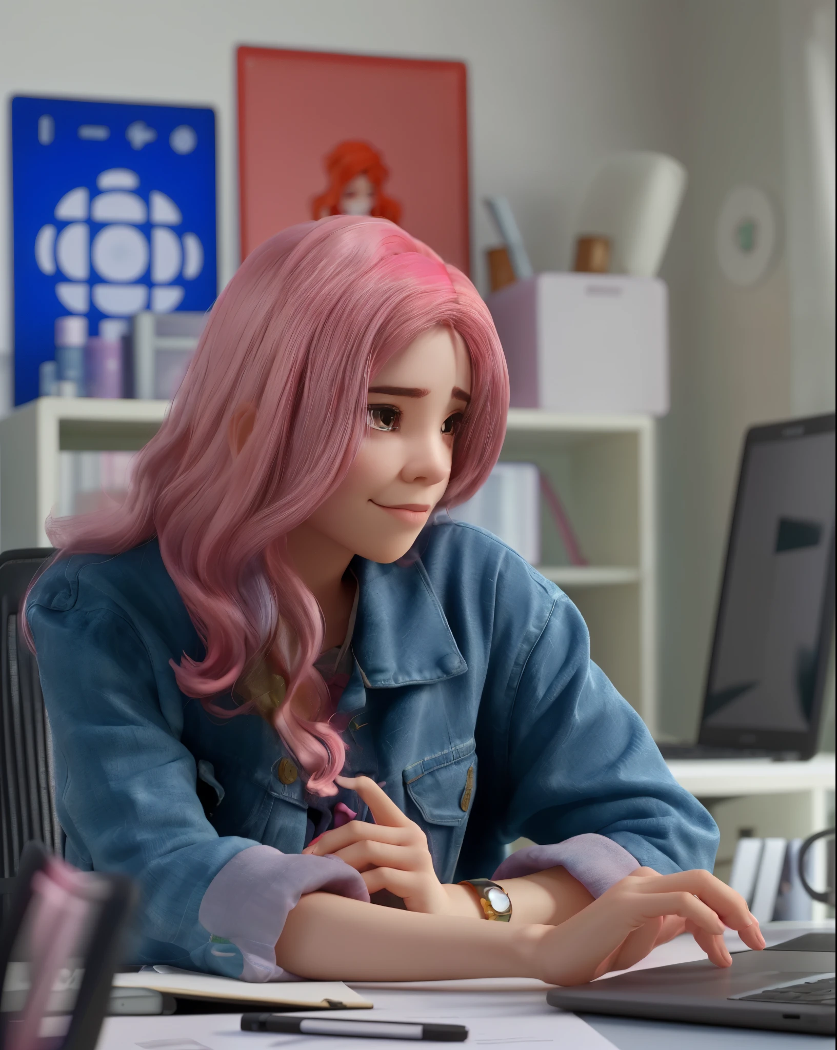 woman with pink hair sitting at a desk with a laptop, with pink hair, roseanne park of blackpink, cute girl with short pink hair, pink hair, flowing pink hair, amy sol in the style of, janice sung, light pink hair, portrait of jossi of blackpink, short pink hair, long pink hair, jossi of blackpink, long flowing pink hair