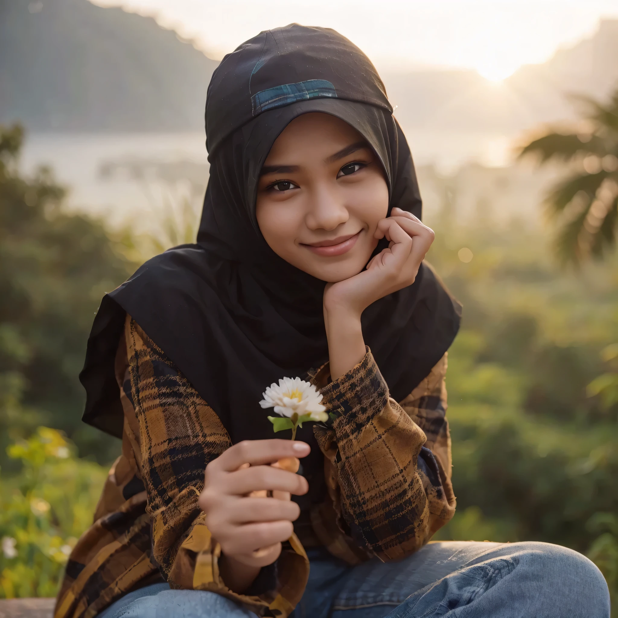 made a beautiful Indonesian woman, , white, beautiful, wearing a black hijab, wearing a dark blue snapback, wearing a brown and yellow flannel shirt, blue jeans, the woman was holding a small white flower with her fingers while smiling and handed it to a hand at the camera. artistic graphic photo, perfect light, sunrise, back light, realistic, 4k, ultra HD. beautiful and green natural scenery background.