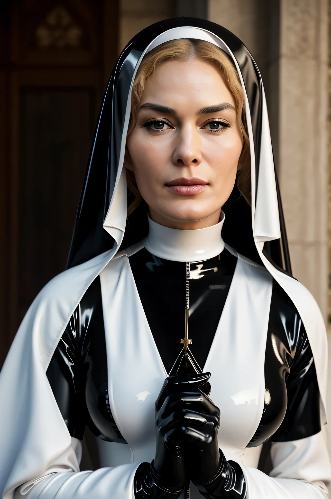 award-winning professional and realistic photo of beautiful 30 year old Cersei Lannister as stereotypical Nun, wearing latex nun habit, latexpunk, strict nun, haughty, flawless skin, black and white latex nun habit, beautiful hands, detailed textures, sharp focus, ultra-high pixel detail, 16k RAW footage, masterpiece
