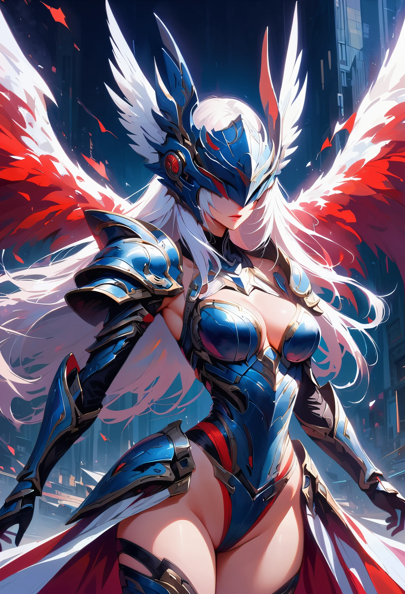 In a destroyed future city,wearing futuristic armor、Medium shot of sexy woman with scratches and stains, fantasy, Science fiction, 美しい女sexualな顔, charming, sexual, haze, 明亮charming的眼睛, dramatic, A masterpiece of the highest quality, actual, familiar, 8K, high dynamic range, Shallow depth of field, movie lighting, bloom, shining, Color difference, sharp focus