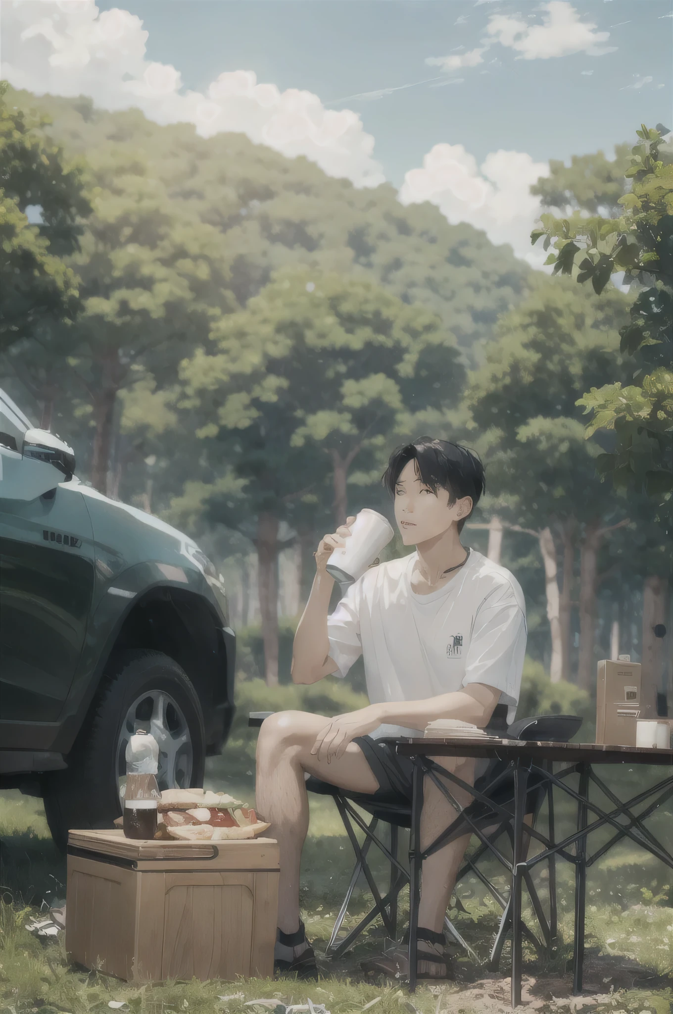 there is a man sitting at a table with a cup of coffee, kim doyoung, album art, handsome, summer setting, forest picnic, 4K, photoshoot, camping, scenic full shot, having a picnic, exclusive,nature,car