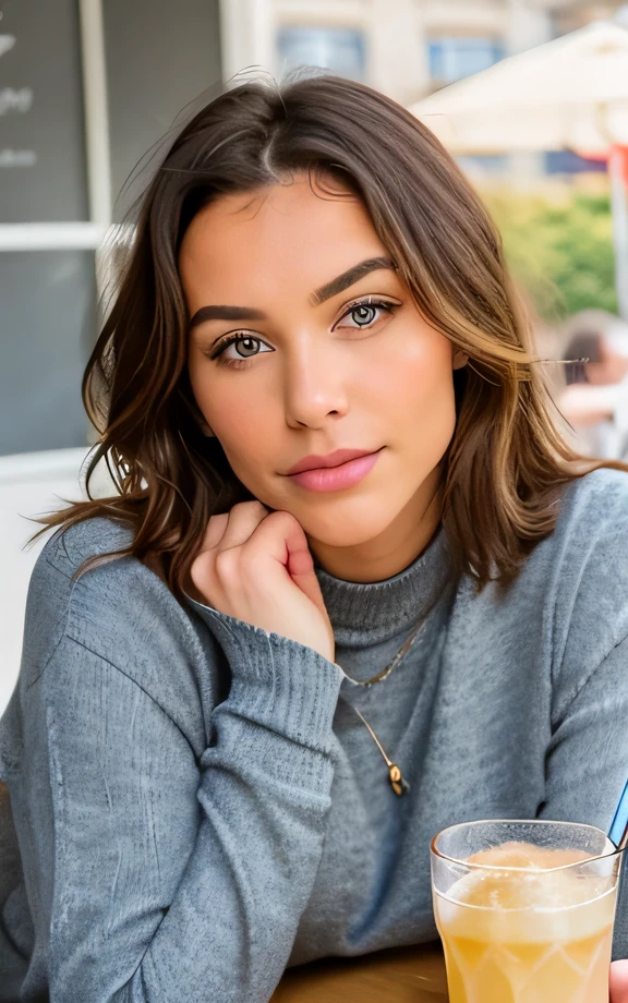 Full body pretty brunette with blonde highlights, who wears a red sweater, Jeans, heels  (Drinking lemonade in a cafe), sehr detailliert, 22 Jahre alt, , , unschuldiges Gesicht, natural wavy hair, blaue Augen, high resolution, Meisterwerk, Best quality, Komplizierte hohe Detailgenauigkeit, sehr detailliert, Scharfer Fokus, detaillierte Haut, realistic skin Textur, Textur, detaillierte Augen, Fachmann, 4k, charming smile, auf Canon gedreht, 85mm, shallow depth of field, Kodak Vision Farbe, perfectly fitting body , extremely detailed, Fotografie_\(Ultra\), Fotorealistisch, realistisch, Nachbearbeitung, Maximale Details, Rauheit, wahres Leben, Ultra realistic, Fotorealismus, Fotografie, 8k UHD, Fotografie, vollbusig