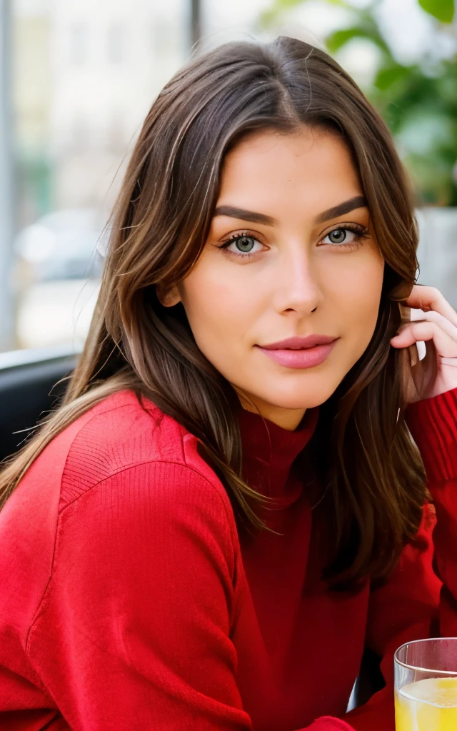 Full body pretty brunette with blonde highlights, who wears a red sweater, Jeans, heels  (Drinking lemonade in a cafe), sehr detailliert, 22 Jahre alt, , , unschuldiges Gesicht, natural wavy hair, blaue Augen, high resolution, Meisterwerk, Best quality, Komplizierte hohe Detailgenauigkeit, sehr detailliert, Scharfer Fokus, detaillierte Haut, realistic skin Textur, Textur, detaillierte Augen, Fachmann, 4k, charming smile, auf Canon gedreht, 85mm, shallow depth of field, Kodak Vision Farbe, perfectly fitting body , extremely detailed, Fotografie_\(Ultra\), Fotorealistisch, realistisch, Nachbearbeitung, Maximale Details, Rauheit, wahres Leben, Ultra realistic, Fotorealismus, Fotografie, 8k UHD, Fotografie, vollbusig