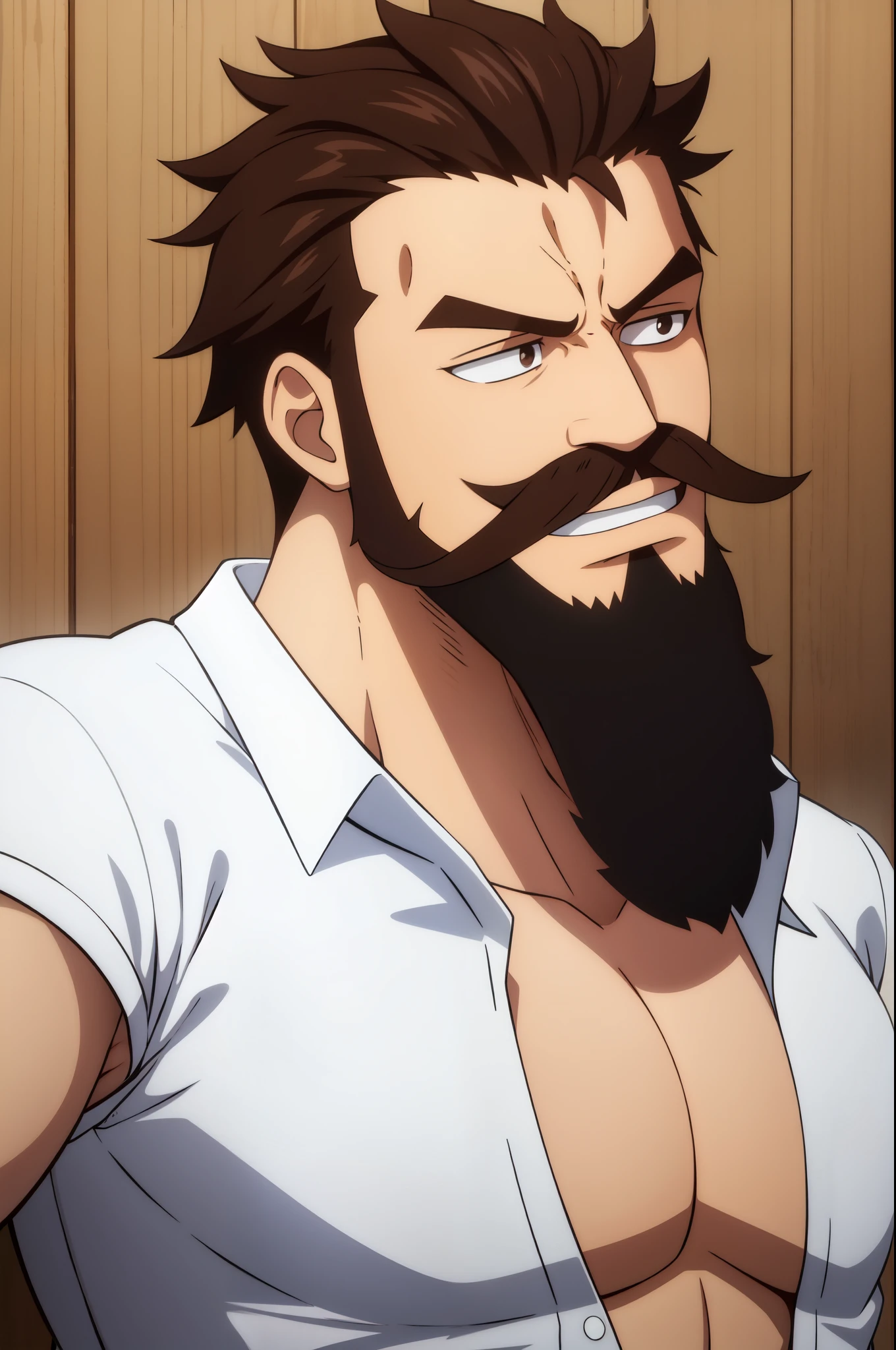 A strong guy with shirt off, stubble beard, solo, facial hair, brown hair, facial hair, brown eyes, stubble mustache